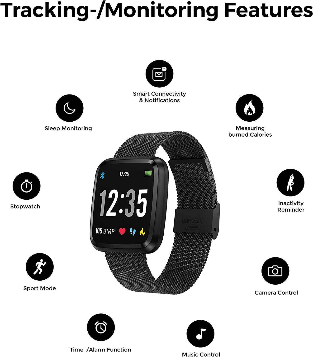 novasmart Fitness-Tracker runR III Smartwatch FitnessTracker HD-Bildschirm Sportuhr Android, iOS, mit schwarzem Edelstahl-Armband
