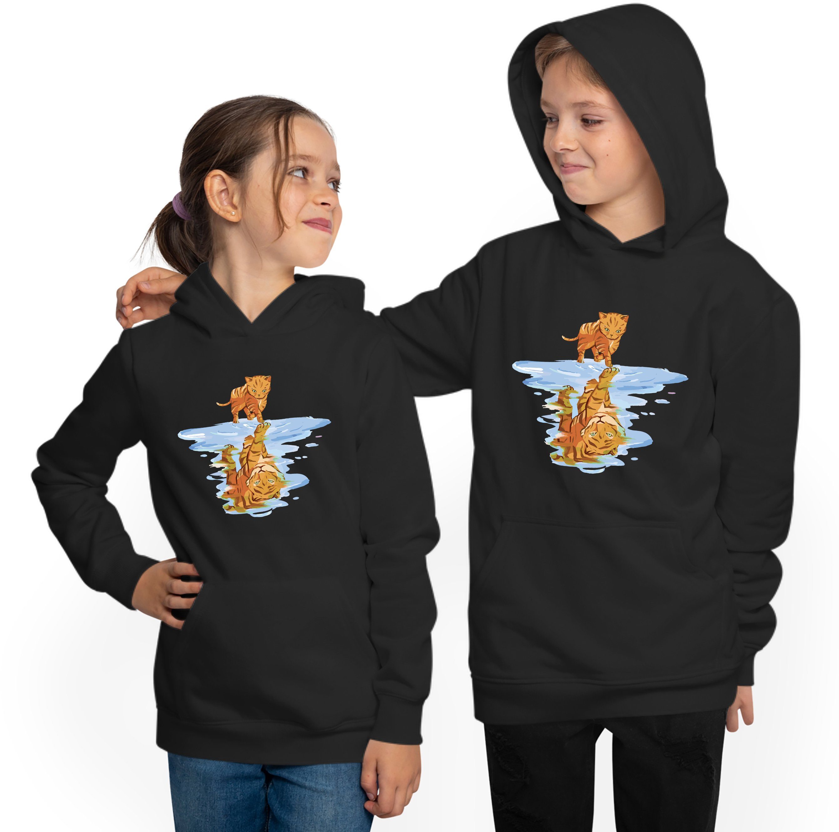 MyDesign24 Hoodie Kinder Kapuzen Sweatshirt als Tiger Kapuzensweater Katze mit i111 spiegelt sich Aufdruck, 