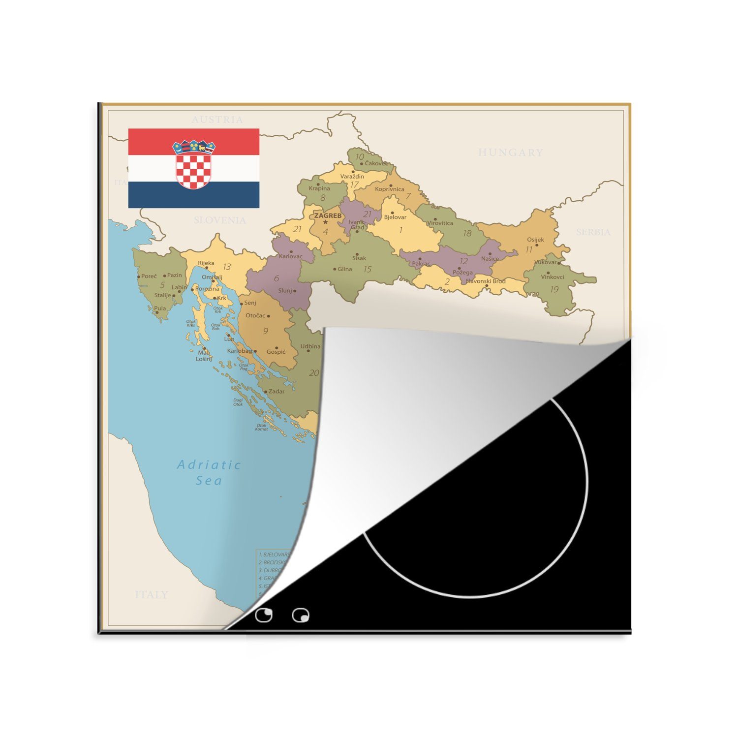 MuchoWow Herdblende-/Abdeckplatte Alte Karte von Kroatien, Vinyl, (1 tlg), 78x78 cm, Ceranfeldabdeckung, Arbeitsplatte für küche
