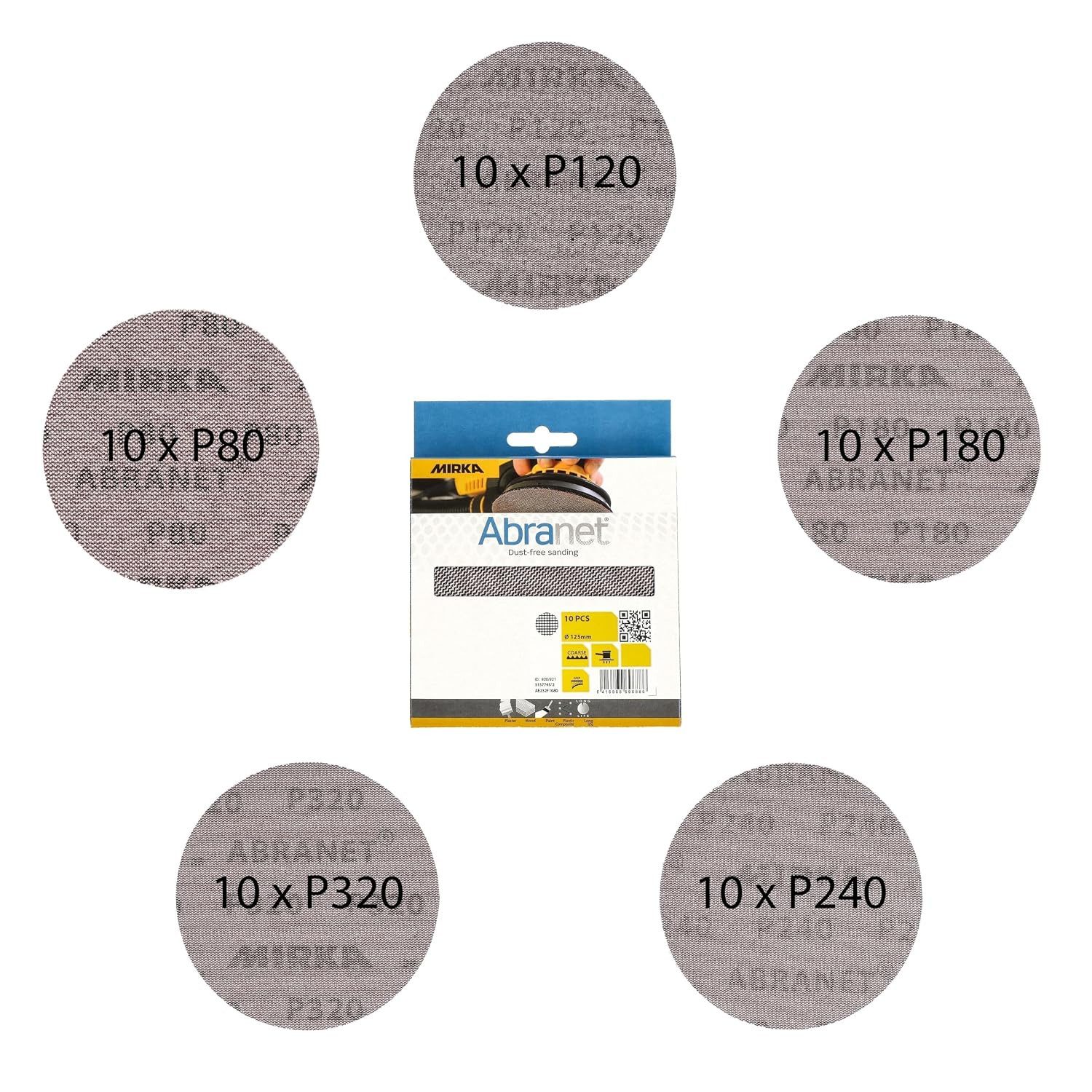 Mirka Schleifscheibe Abranet, (50 St), Ø 125 mm Klett, Mix-Pack 80/120/180/240/320, je 10 Stk