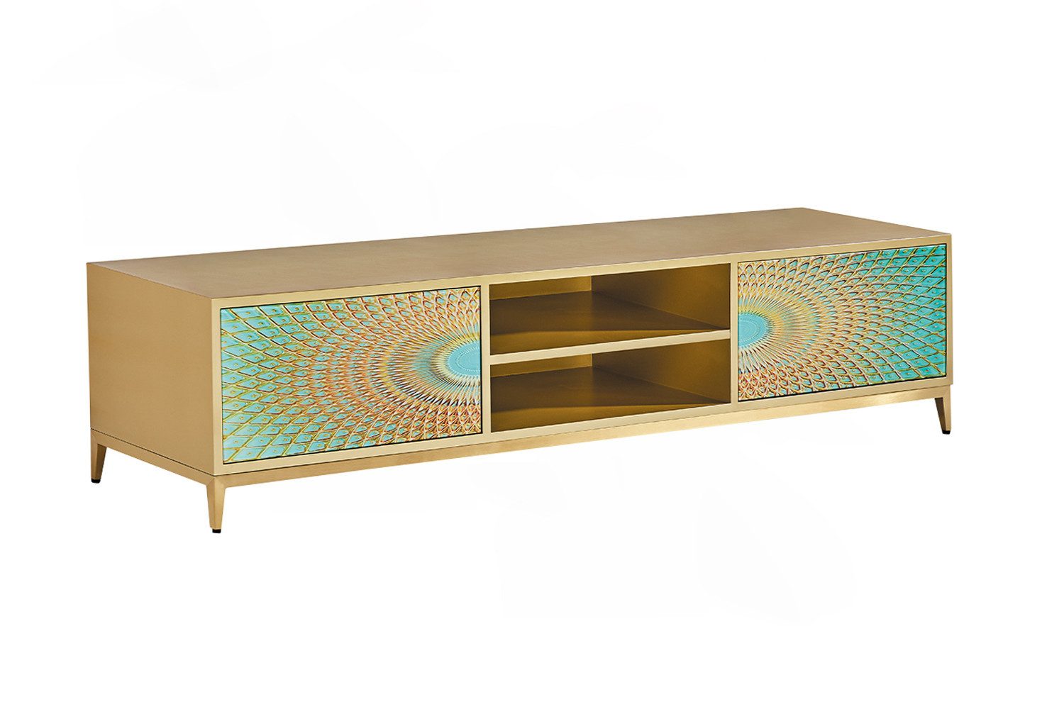 KAWOLA TV-Board, TV-Board 2 Türen 2 Fächer Glas grün/gold 180/42/40 cm (B/H/T)