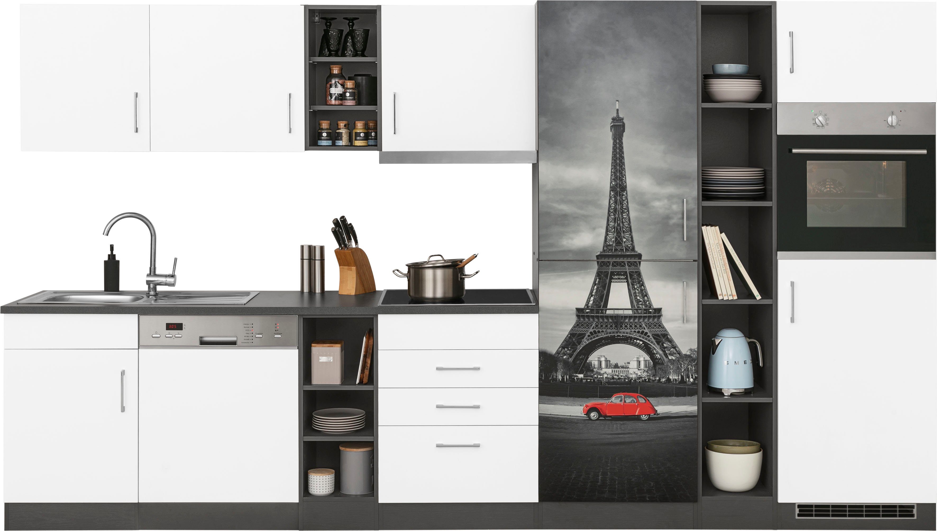 HELD MÖBEL Küchenzeile Paris, mit wahlweise Motive 350 cm, im Bietet Breite Induktionskochfeld, Digitaldruck mit E-Geräten, hochwertige