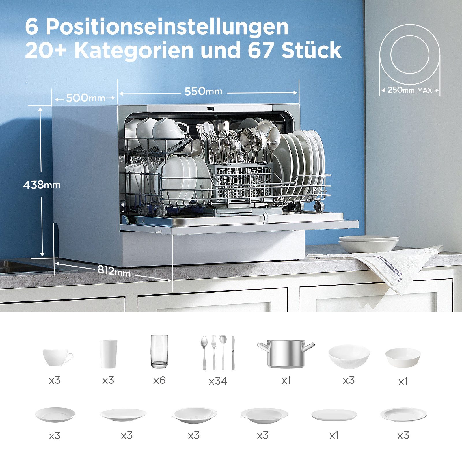 Midea Tischgeschirrspüler MDWTT0602MW-WE, 6 Maßgedecke, Integrierter Wasserenthärter, IOT, 1-24-Stunden-Startverzögerung