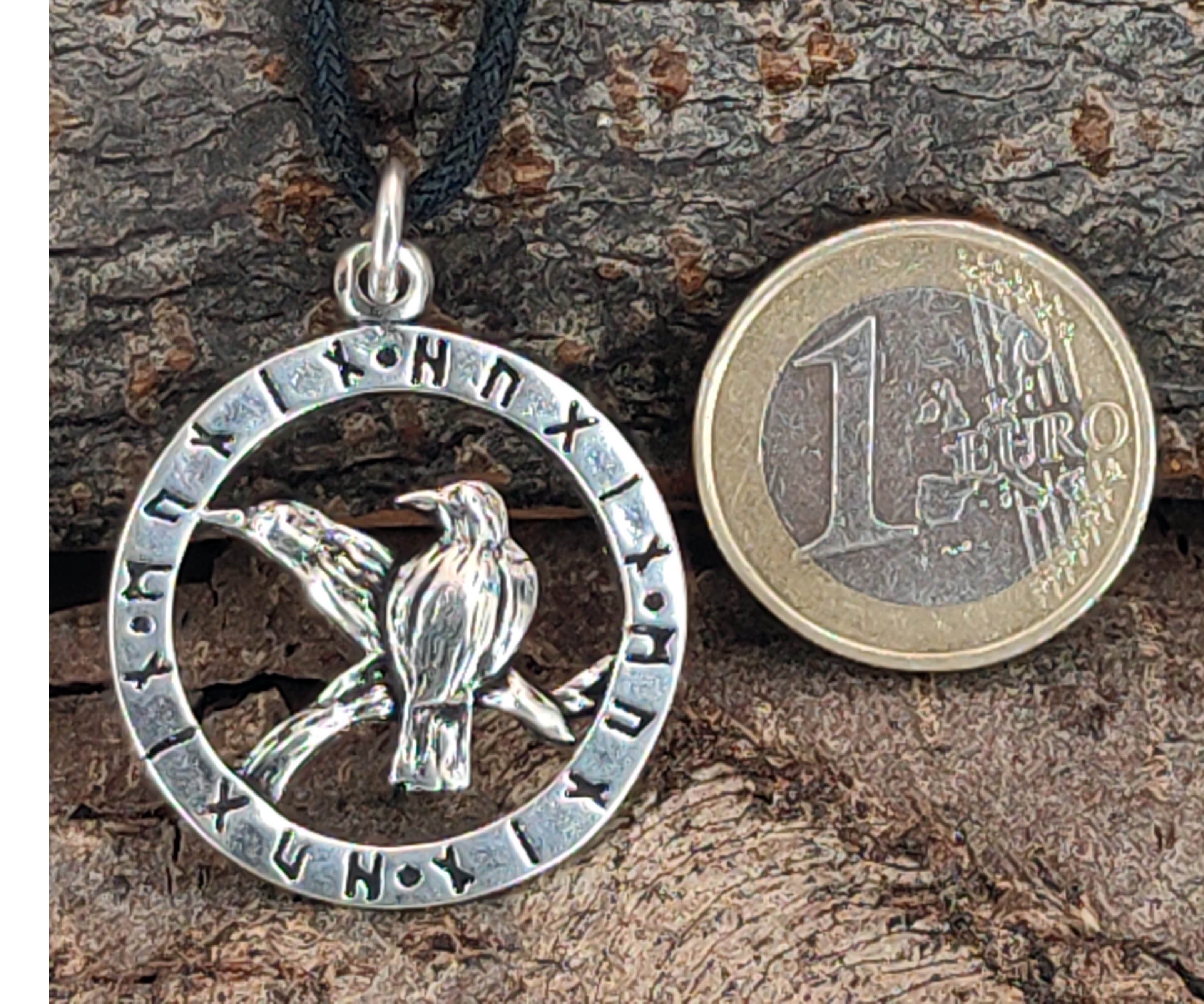Leather Runen Ring Hugin 925 Sterling Silber Kiss of Munin Odins Namen Kettenanhänger Raben