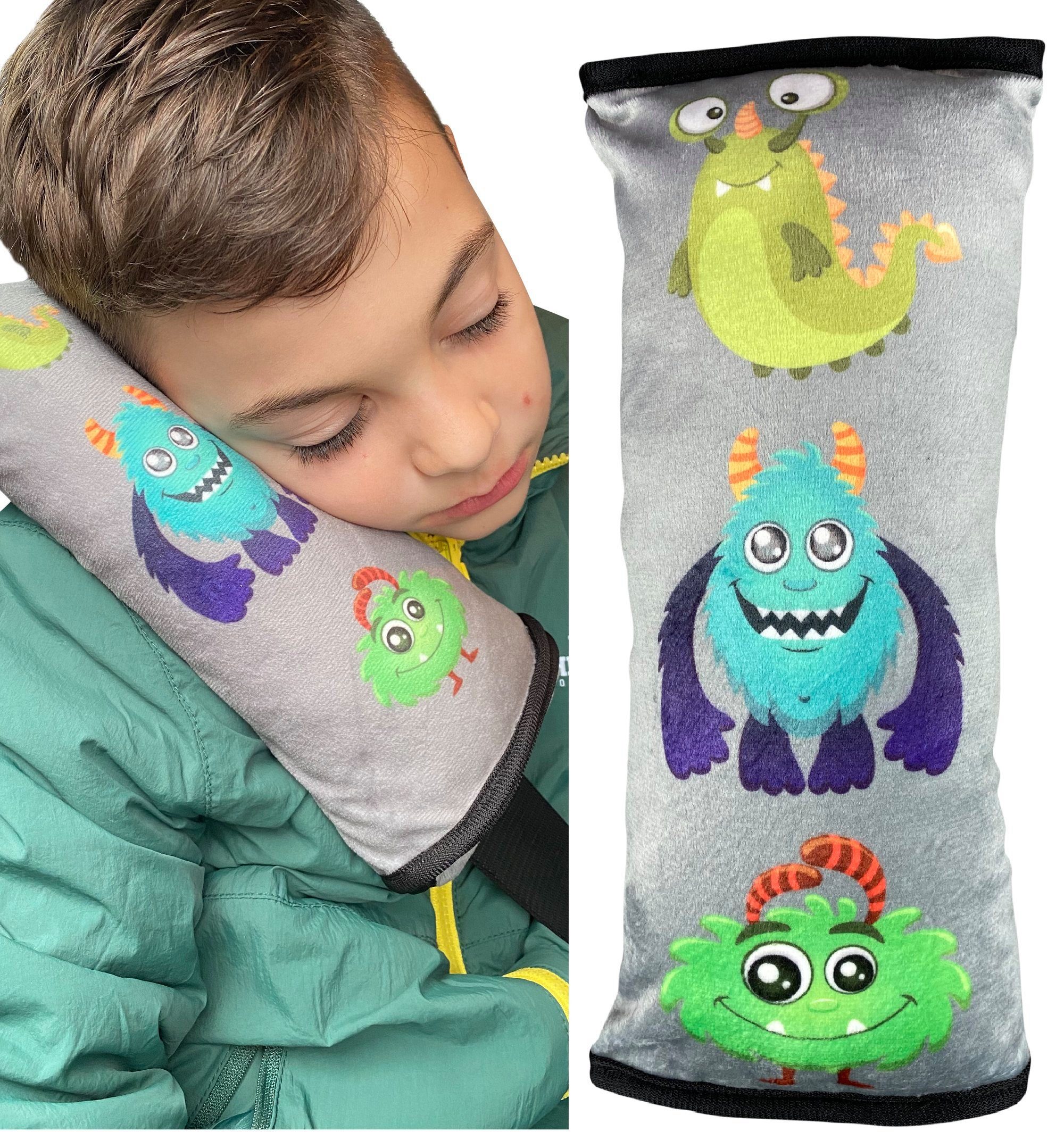 Schlafkissen Auto Schlafkissen Monster Motiv für Kinder Mädchen Jungen - maschinenwaschbar – kuschelweich - Auto Gurtkissen, Gurtschoner, Gurtschutz Sitzerhöhung, Auto Kissen, Reisekissen, Urlaub, HECKBO