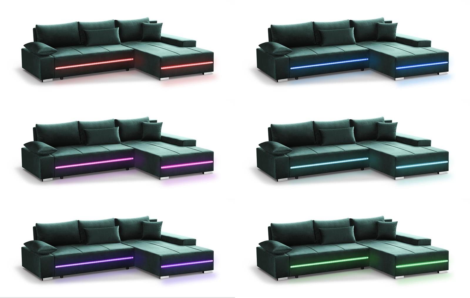 Aron, Beautysofa mit Schlaffunktion (riviera Ecksofa Grün Eckcouch Sofa, und Bettkasten,modernes 38) LED inklusive RGB-LED-Beleuchtung