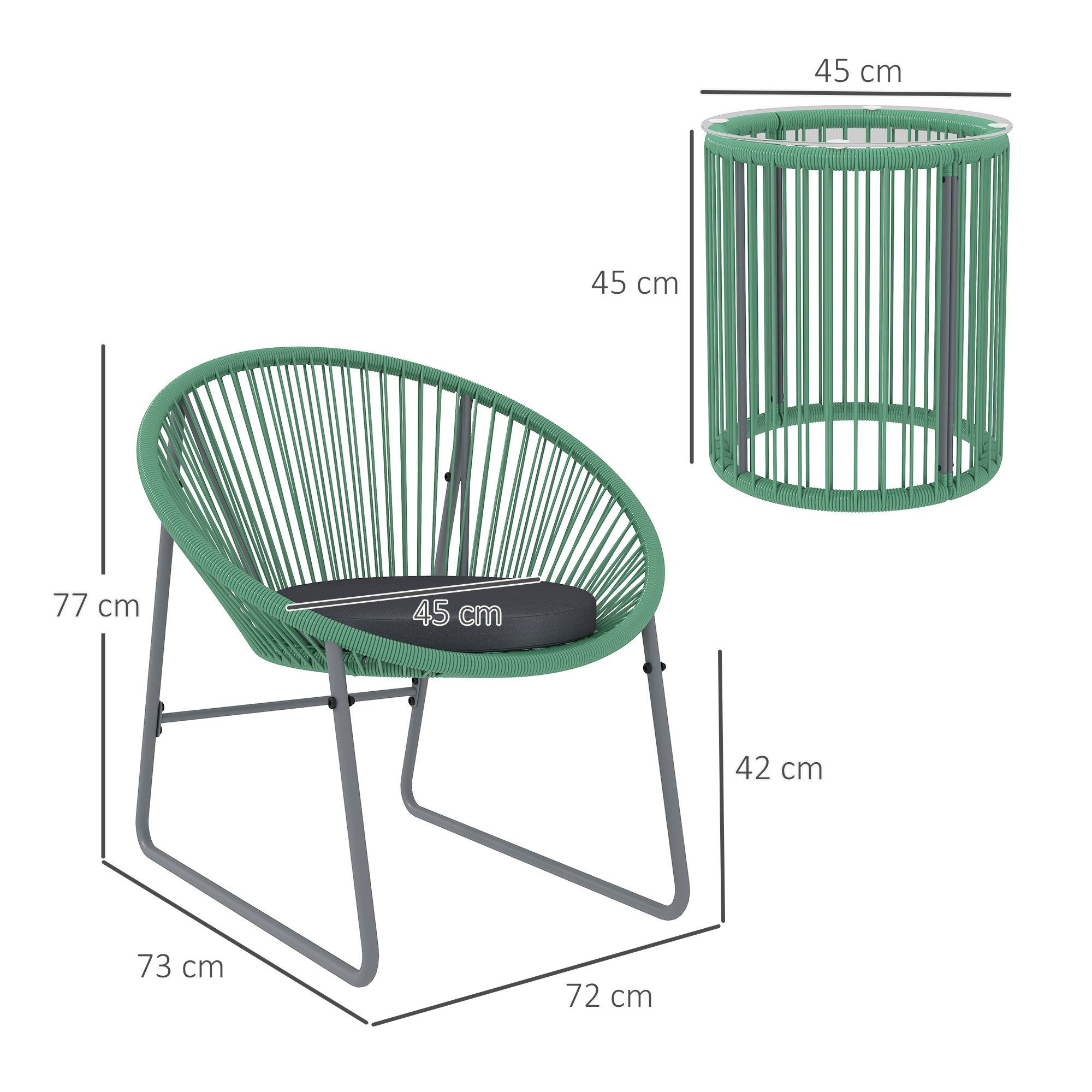 Outsunny Sitzgruppe für 2 Personen, 3-teilig, wetterfest, (Polyrattan Gartenmöbel Set, 3-tlg., Outdoor Lounge Balkonmöbel), für Garten, Terrasse Balkon, Grün