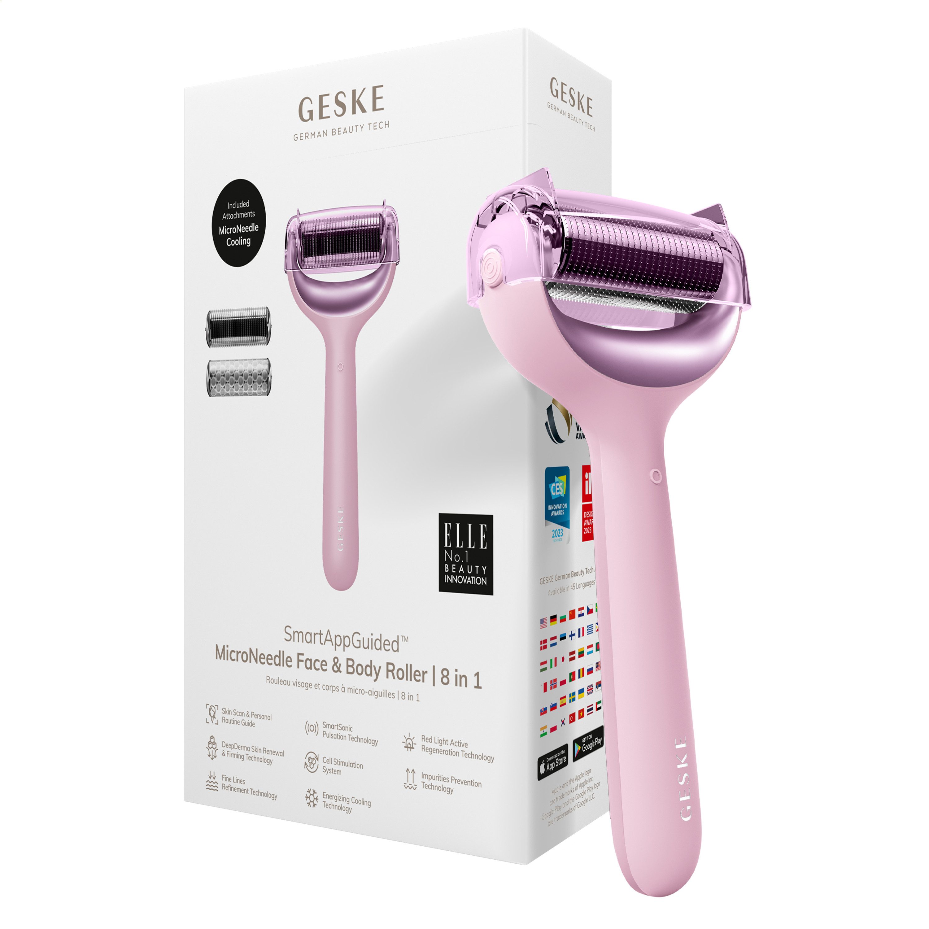 GESKE German Beauty Tech Micro-Needling SmartAppGuided™ MicroNeedle Face & Body Roller 8 in 1, Packung (Gerät & USB-Ladekabel), 4-tlg., Gerät inkl. kostenloser APP (SmartAppGuided Device), Mit der GESKE App erhältst Du deine personalisierte Hautpflegeroutine.