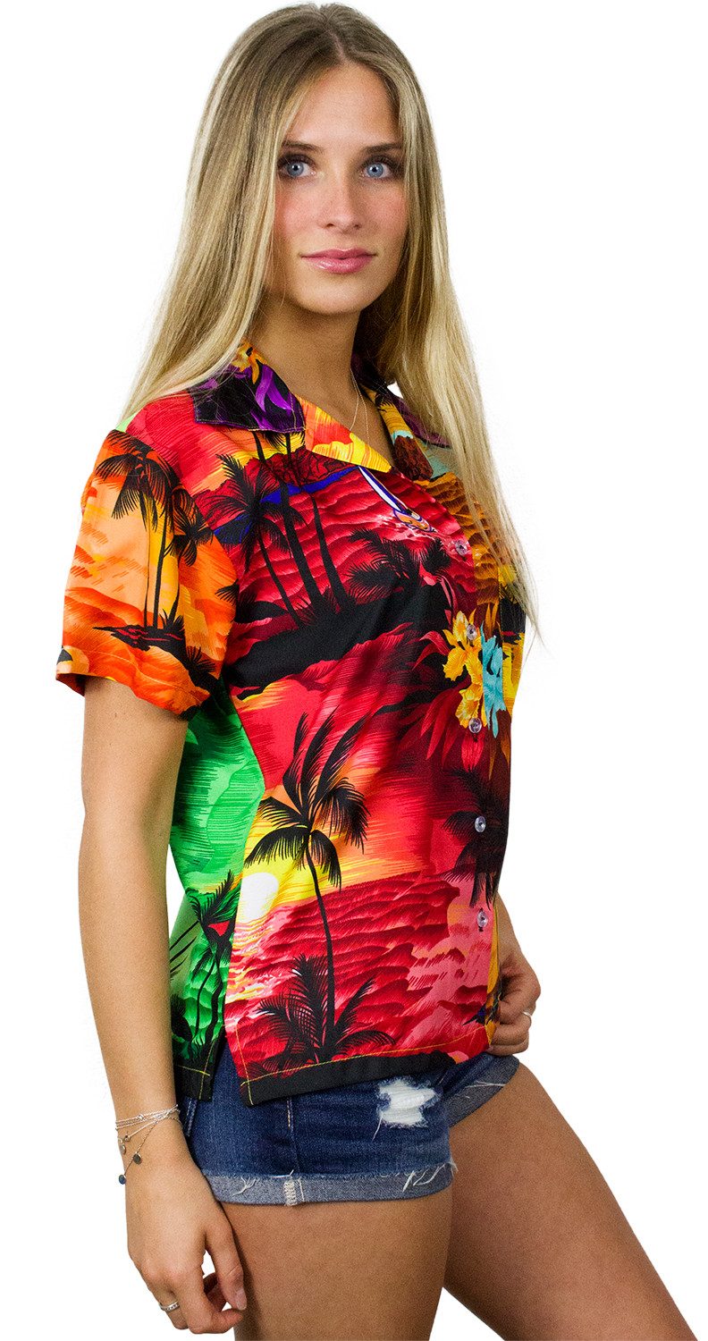 King Kameha Hawaiihemd Surf Funky Hawaiibluse Damen Kurzarm Front-Tasche Stylish
