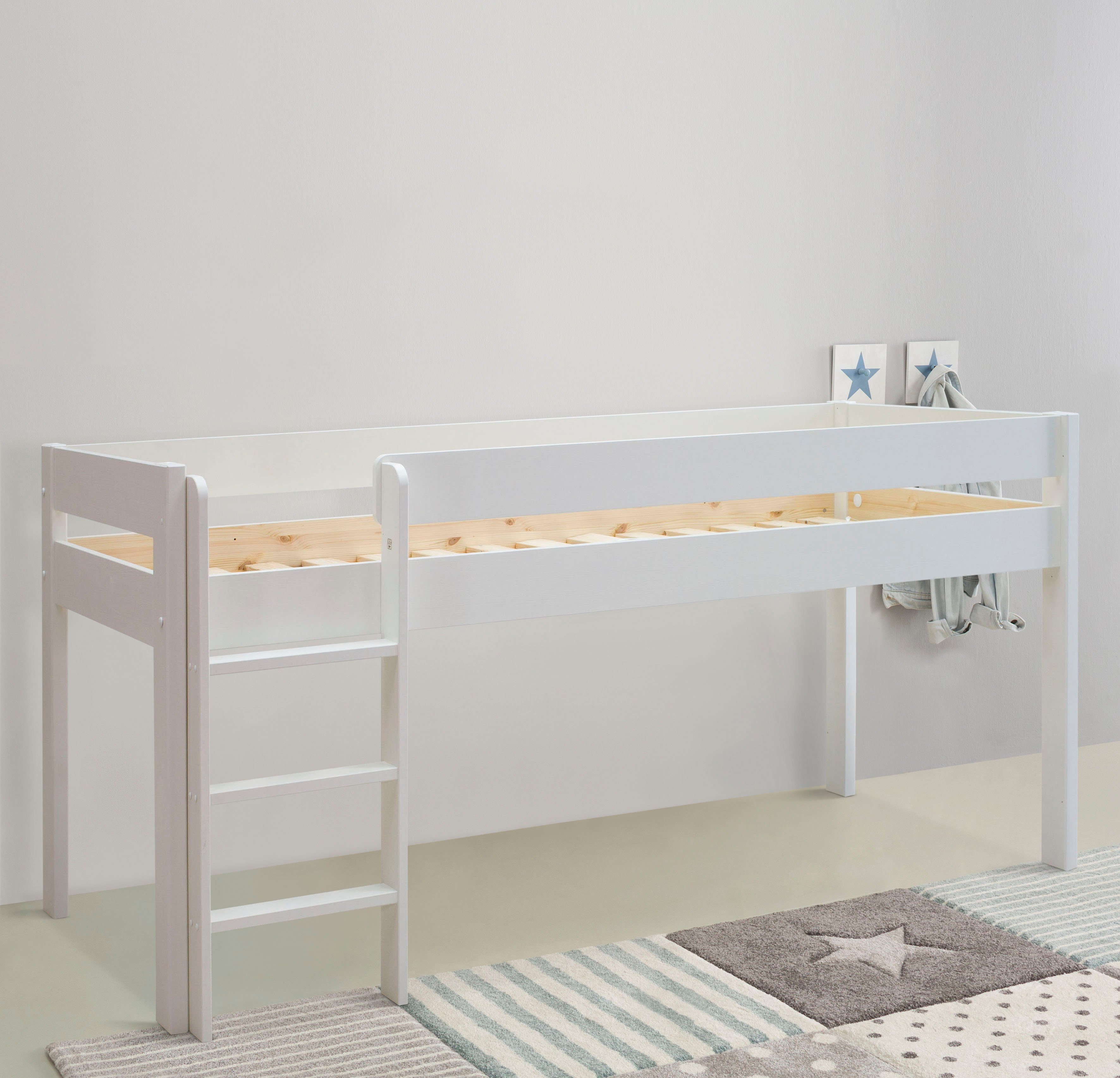 OTTO home Hochbett "ROBIN " Massivholz, viel Stauraum, seitenverkehrt montierbar (4-tlg), inklusive Schreibtisch und zwei Kommoden