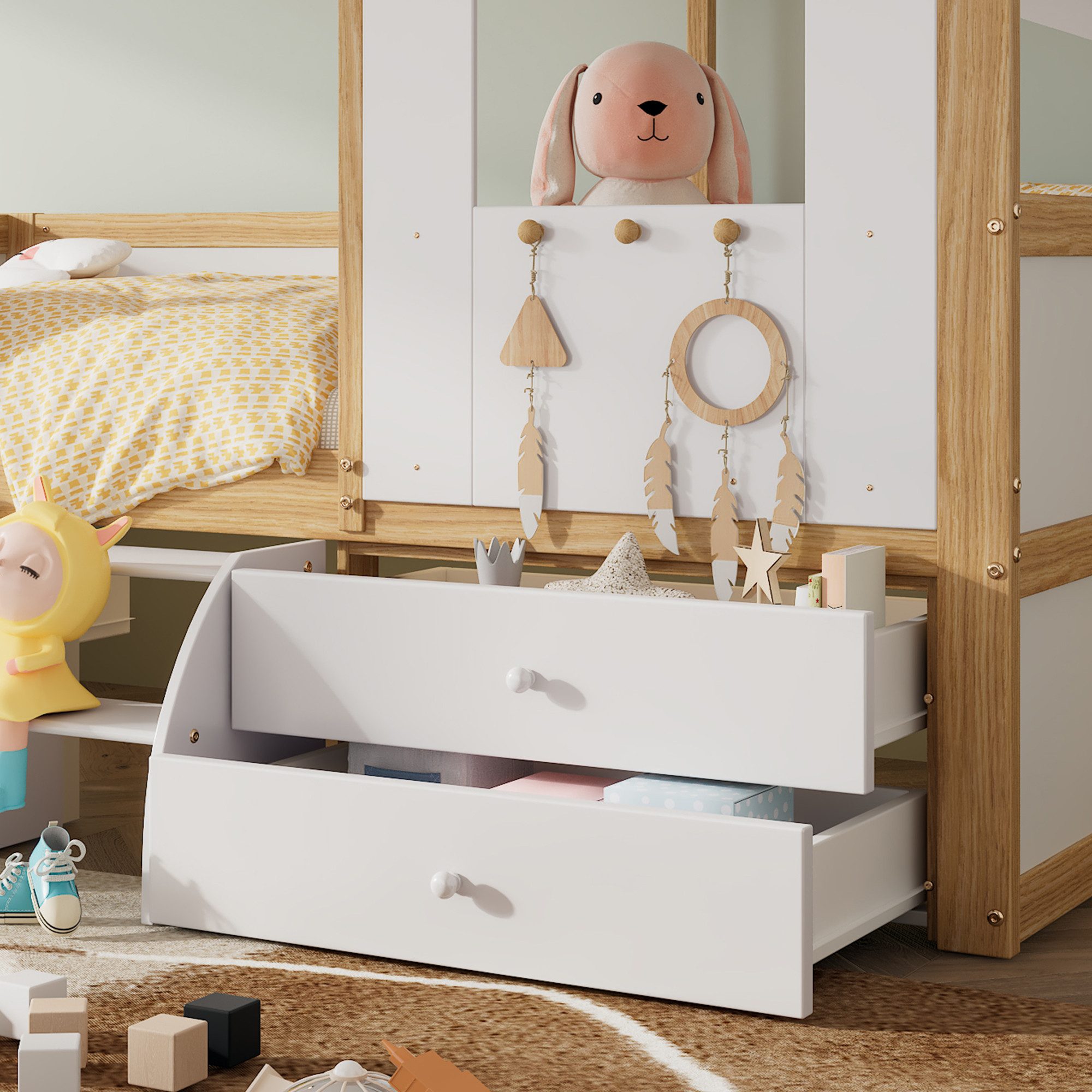 Flieks Loft Bed Children's Bed House Bed 90x200cm with 4 Drawers and Small Staircase