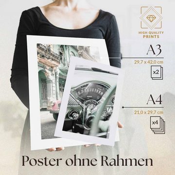 Heimlich Poster Set als Wohnzimmer Deko, Bilder DINA3 & DINA4, Auto Grün Vintage, Sprüche&Texte