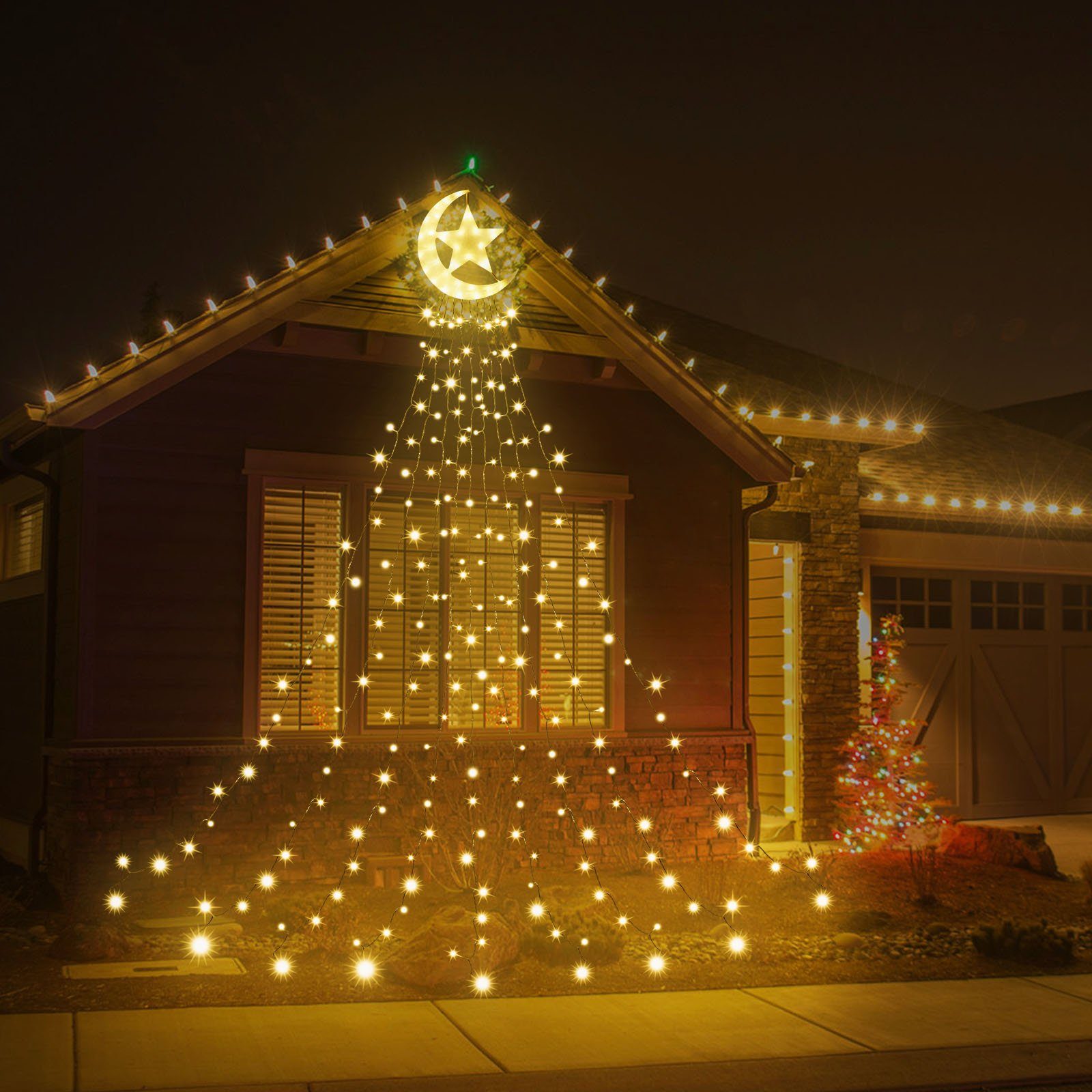 Rosnek LED-Baummantel 3.47M, 9 Speicherfunktion; 350-flammig, mit Dach wasserdicht, Ramadan; Weihnachten, 8 Deko; Innenhof Stränge, Topper Timer, Modi, für Baum Mondstern; Warmweiß