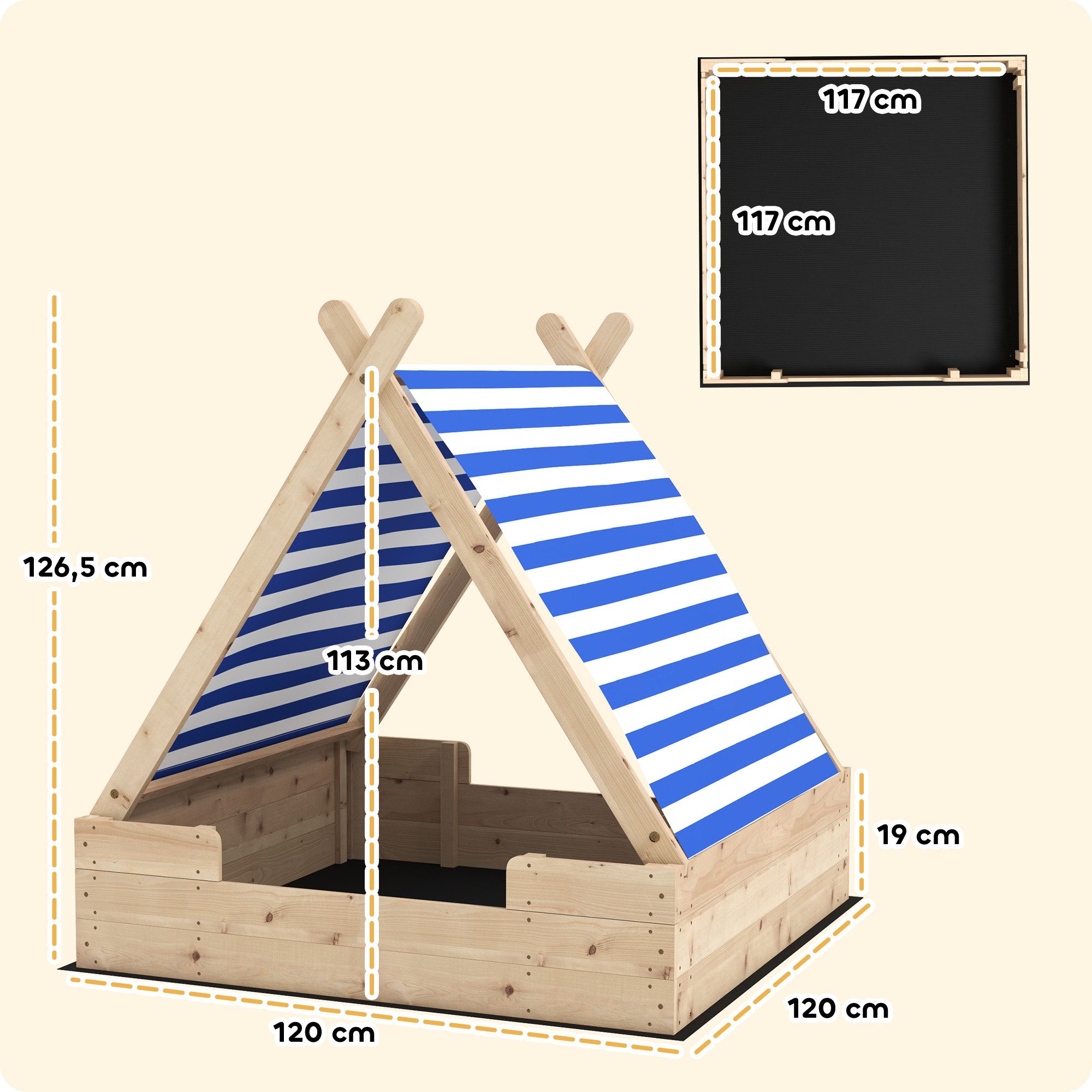 AIYAPLAY Sandkasten Sandkiste für Kinder, (mit wetterfestem Zeltdach, 1-tlg., für 3 Kinder im Alter von 3-6 Jahren), 120 x 120 x 126,5 cm, Tannenholz