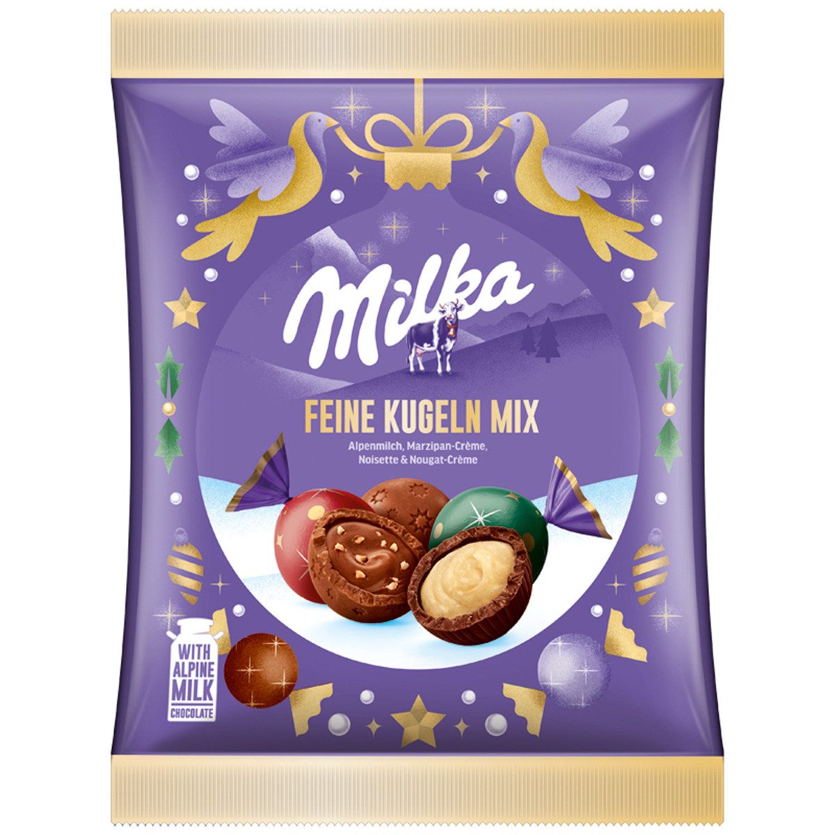 MILKA Schokolade, Milka Feine Kugeln Mischung Alpenmilchschokolade mit Füllung 136g