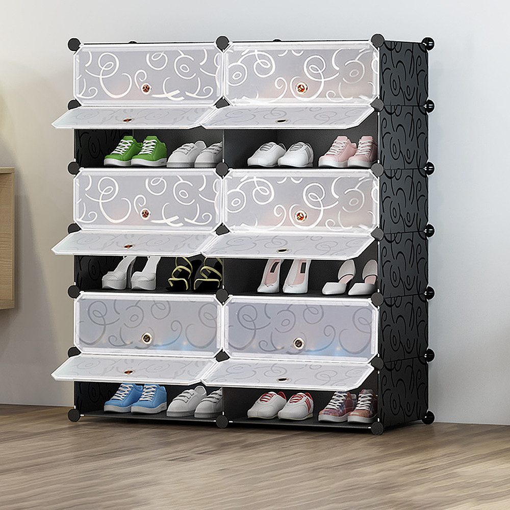 JEOBEST Schuhregal Schuhregal mit 6 Ebenen, Schuhschrank Kunststoff, DIY-Regal, Schuh Organizer mit Tür, aus PP-Kunststoff, schwarz