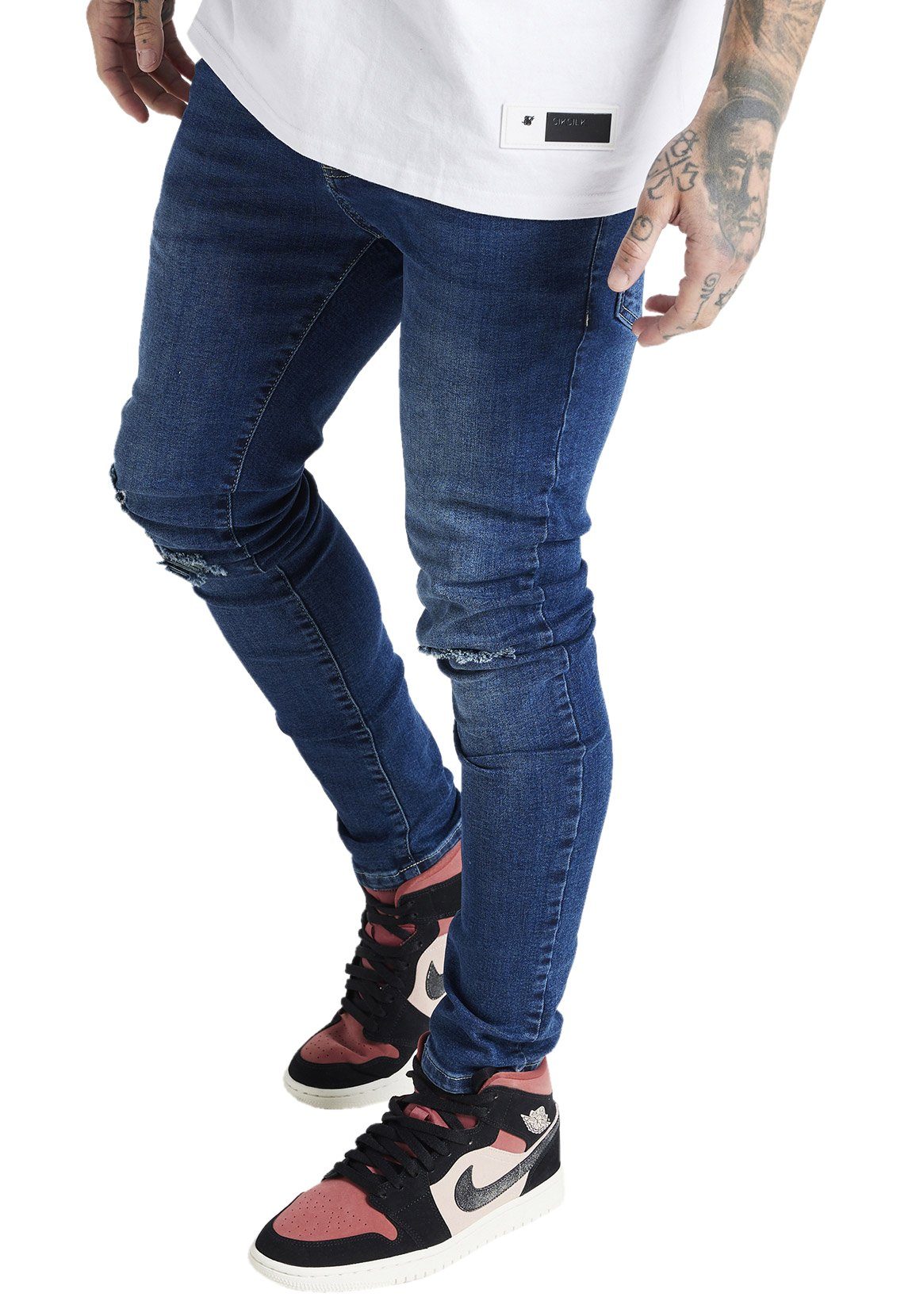 Siksilk Slim-fit-Jeans SikSilk Herren Jeans SLIM FIT DISTRESSED DENIMS  SS-20868 Vintage Dark Blue Dunkelblau