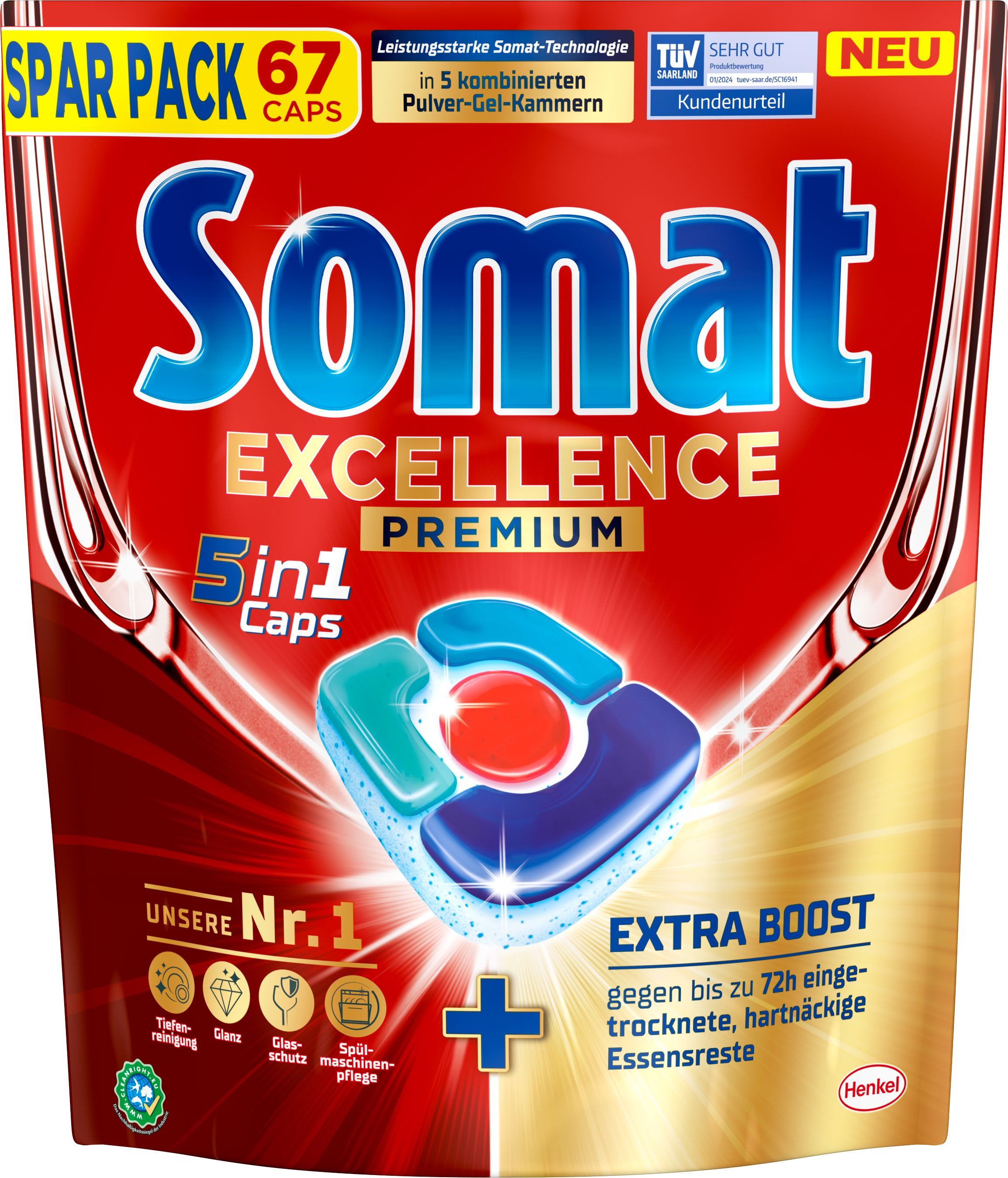 Somat 5in1 Caps Excellence Premium Geschirrspülmittel (Packung, [67-St. mit Extra Boost hartnäckige Essensreste)