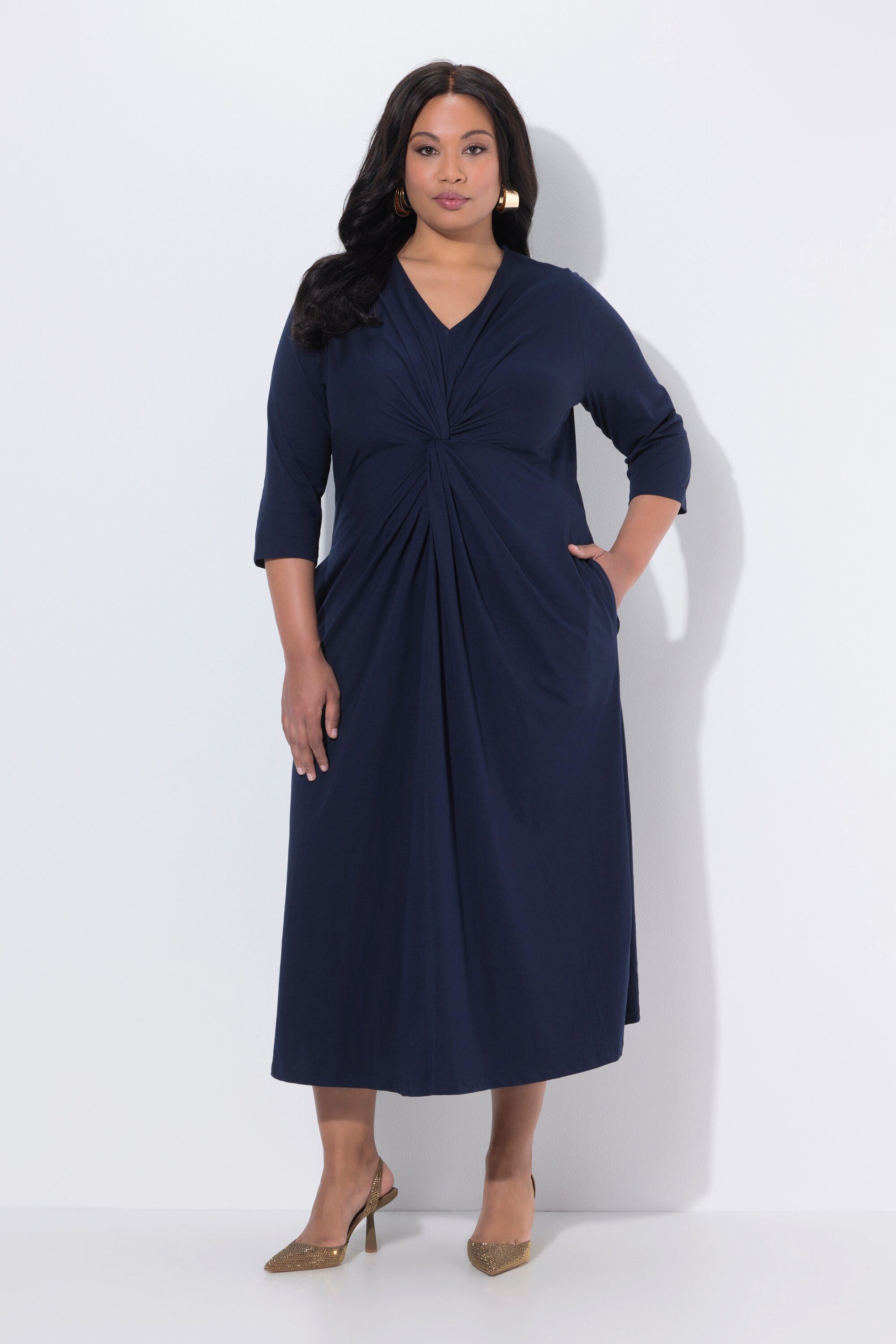 Maxikleid Maxikleid drapiert A-Linie V-Ausschnitt 3/4-Arm