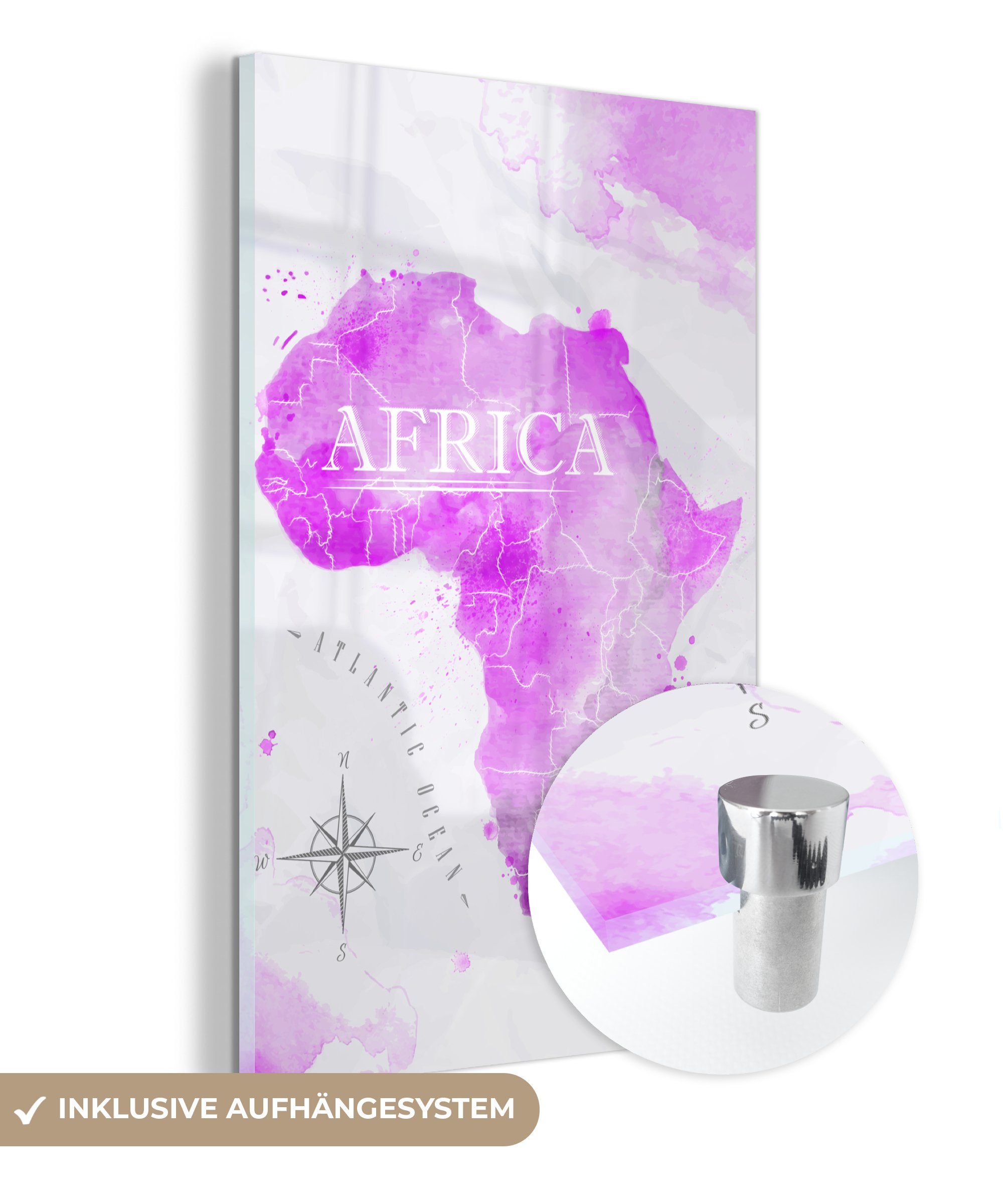 MuchoWow Acrylglasbild Weltkarte - Rosa - Afrika, (1 St), Glasbilder - Bilder auf Glas Wandbild - Foto auf Glas - Wanddekoration