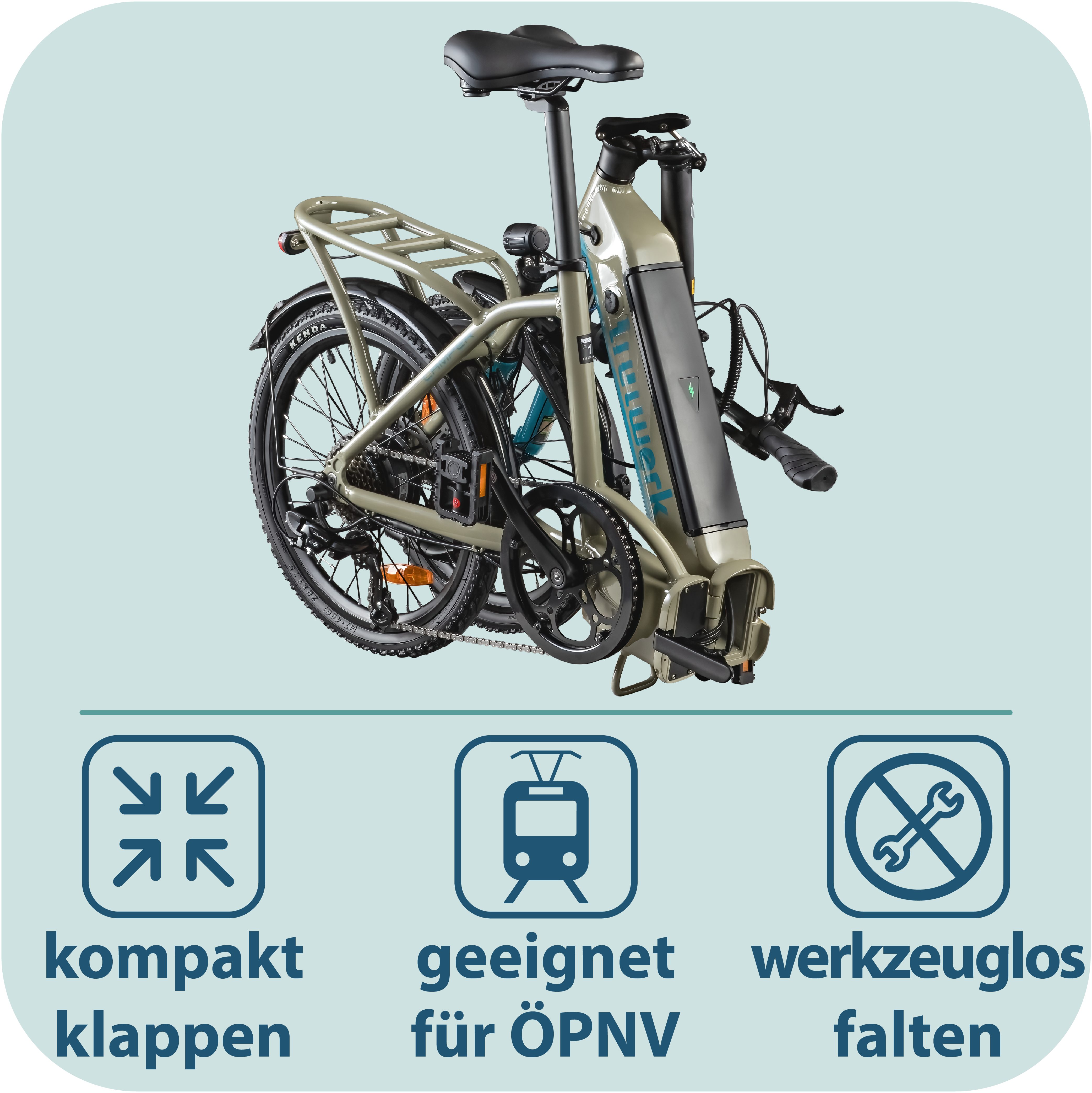 Tretwerk E-Bike Faltrad Camper, 7 Gang Shimano Tourney TY300 Schaltwerk, Kettenschaltung, Heckmotor, 468 Wh – Bild 5 von 5