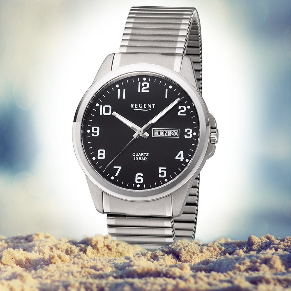 Regent Metall Herren (ca. Quarzuhr Regent Metallarmband groß Uhr Armbanduhr 40mm), Herren F-1199 rund, schwarz Quarz,