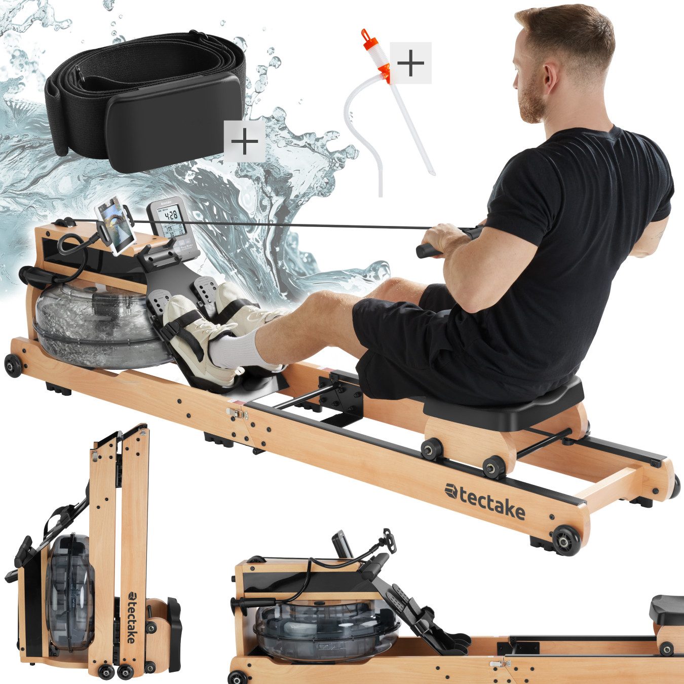 tectake Rudergerät Holzrudergerät Titan, klappbar, 150kg belastbar, Bluetooth, mit LCD-Anzeige, flexibler Handyhalterung und Bluetooth