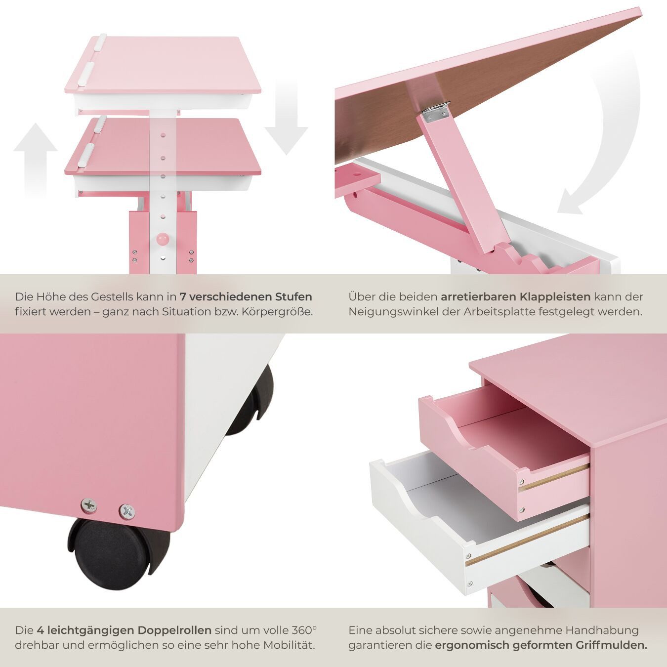 tectake Kinderschreibtisch Höhenverstellbarer Jugendschreibtisch, elektrisch, abgerundete (Schülerschreibtisch, 1-St., in rosa), Aus Holz, Tischplatte neigbar & – Bild 5 von 5