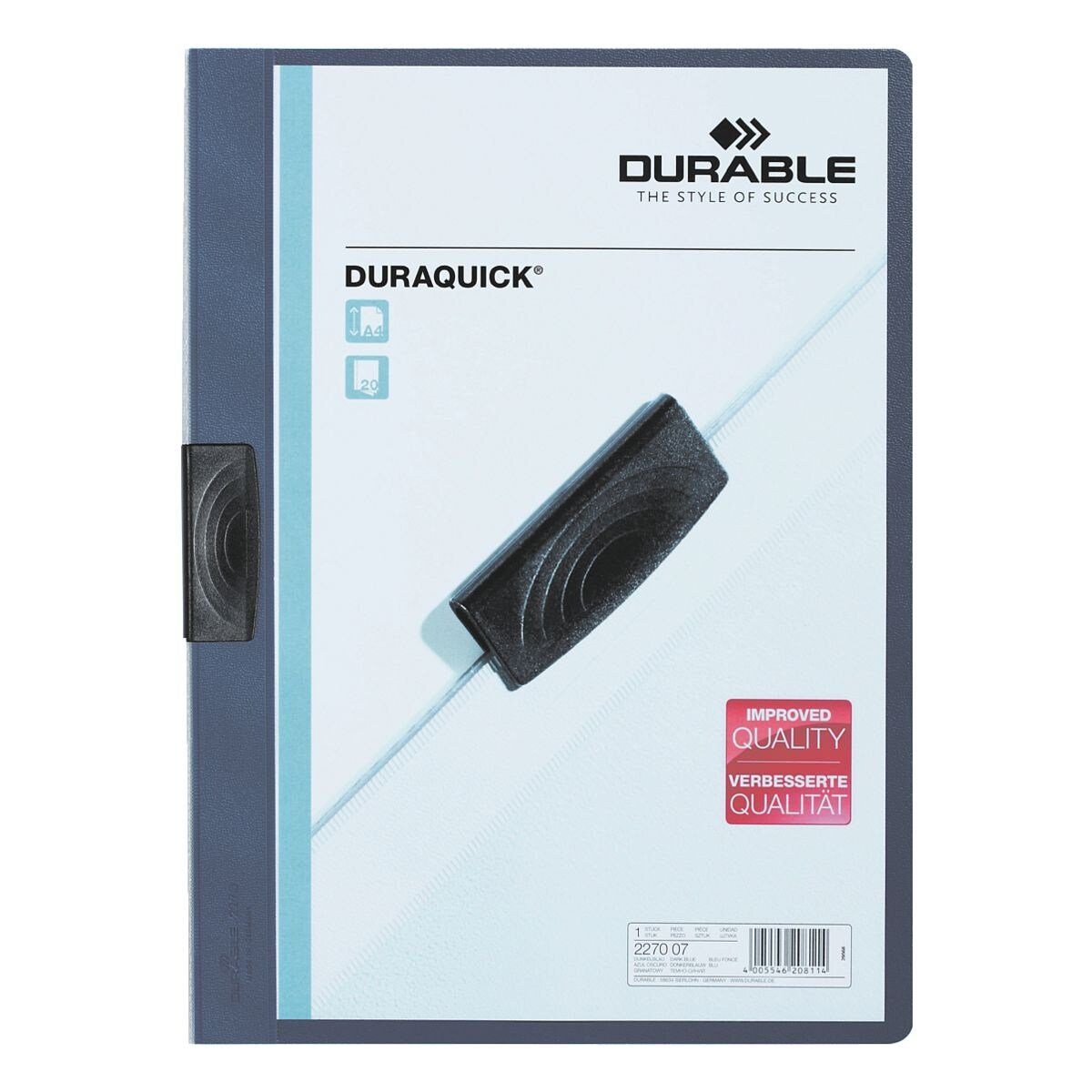 Hefter A4, Duraquick, bis 20 mit Blatt DURABLE dunkelblau DIN Format Klemmfunktion,