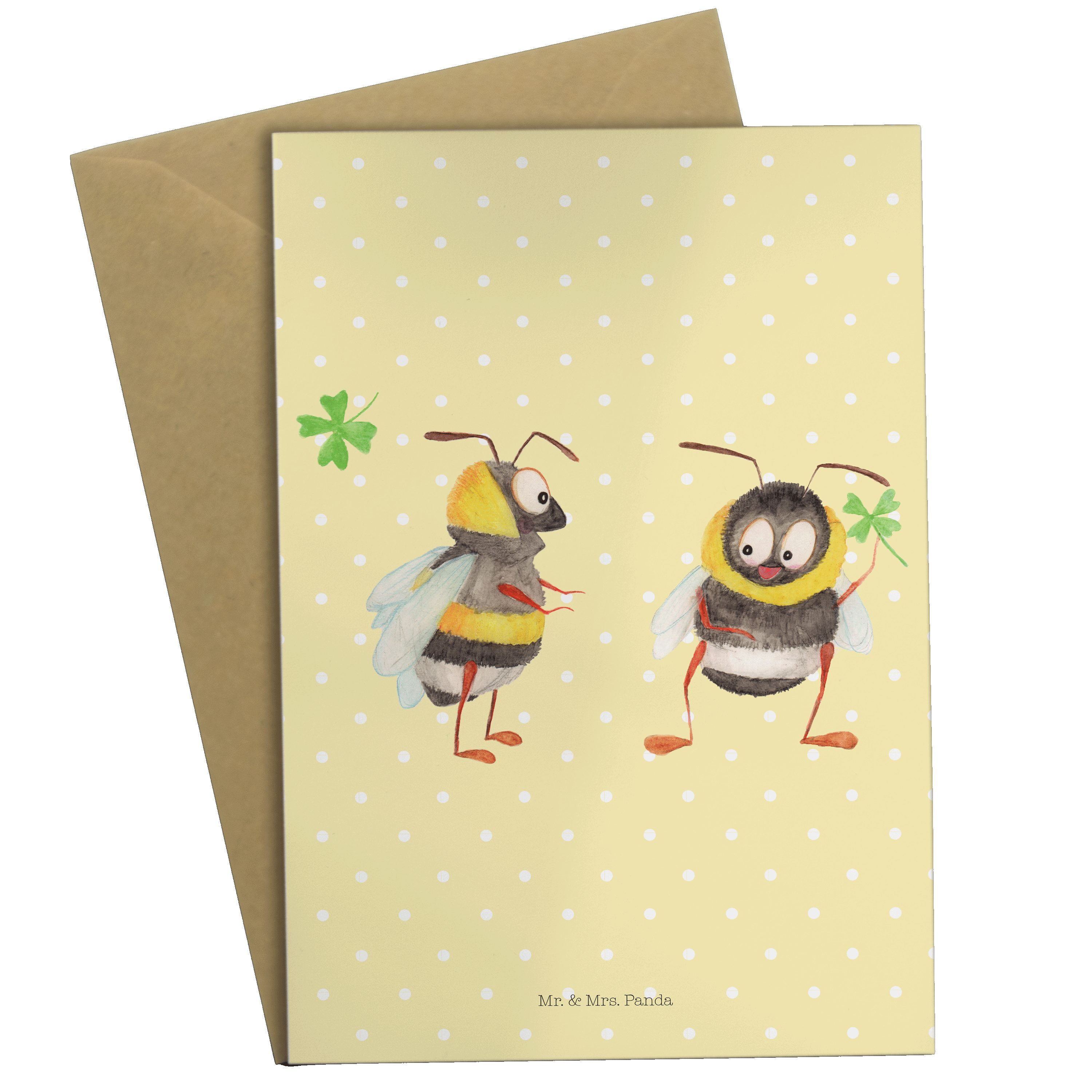Mr. & Mrs. Panda Grußkarte Hummeln mit Kleeblatt - Gelb Pastell - Geschenk, Spruch fröhlich, Tie