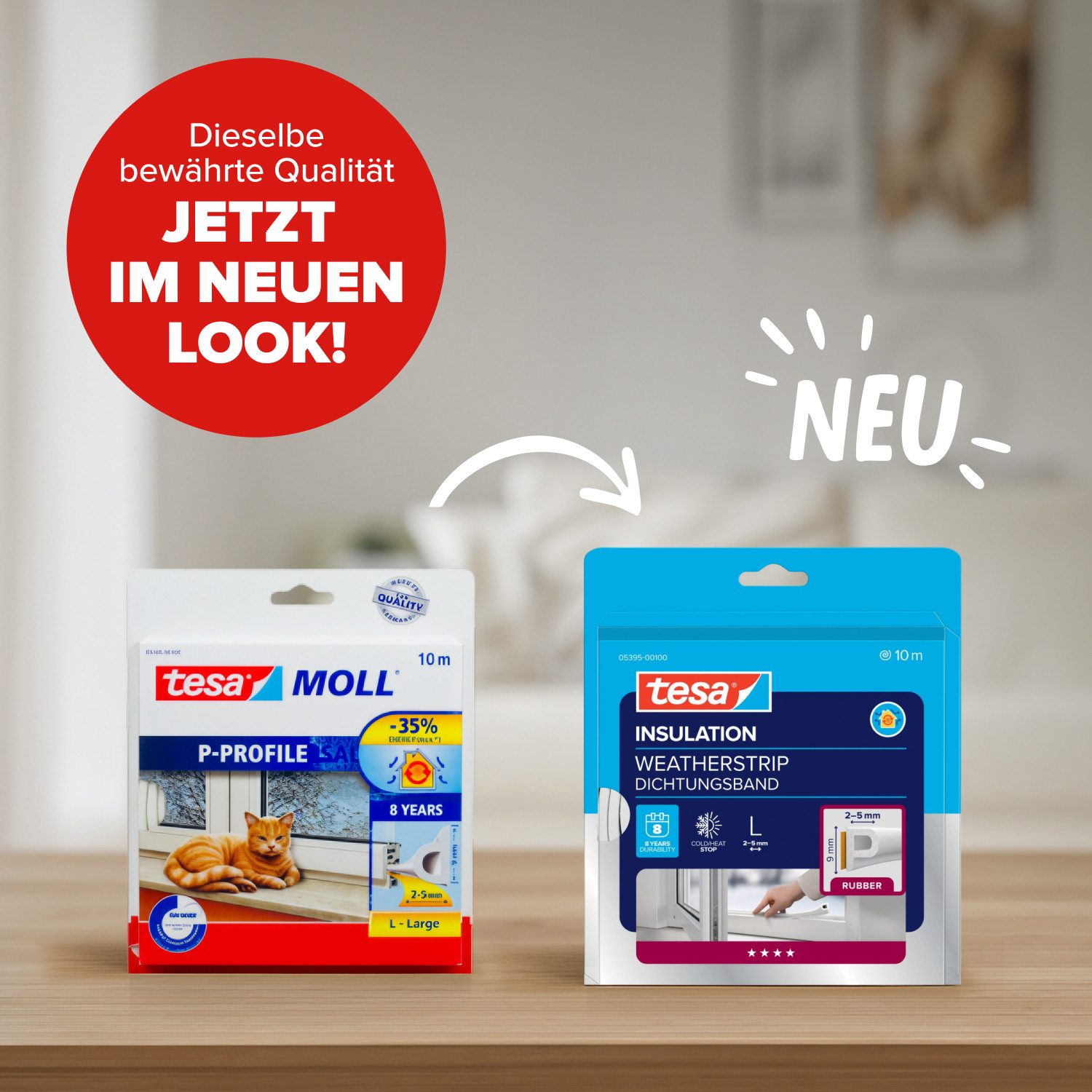 tesa Dichtband (Packung, 1-St., Gummidichtung L weiß - 10 m x 9 mm x 5,5 mm) zum Isolieren von Spalten an Fenstern und Türen