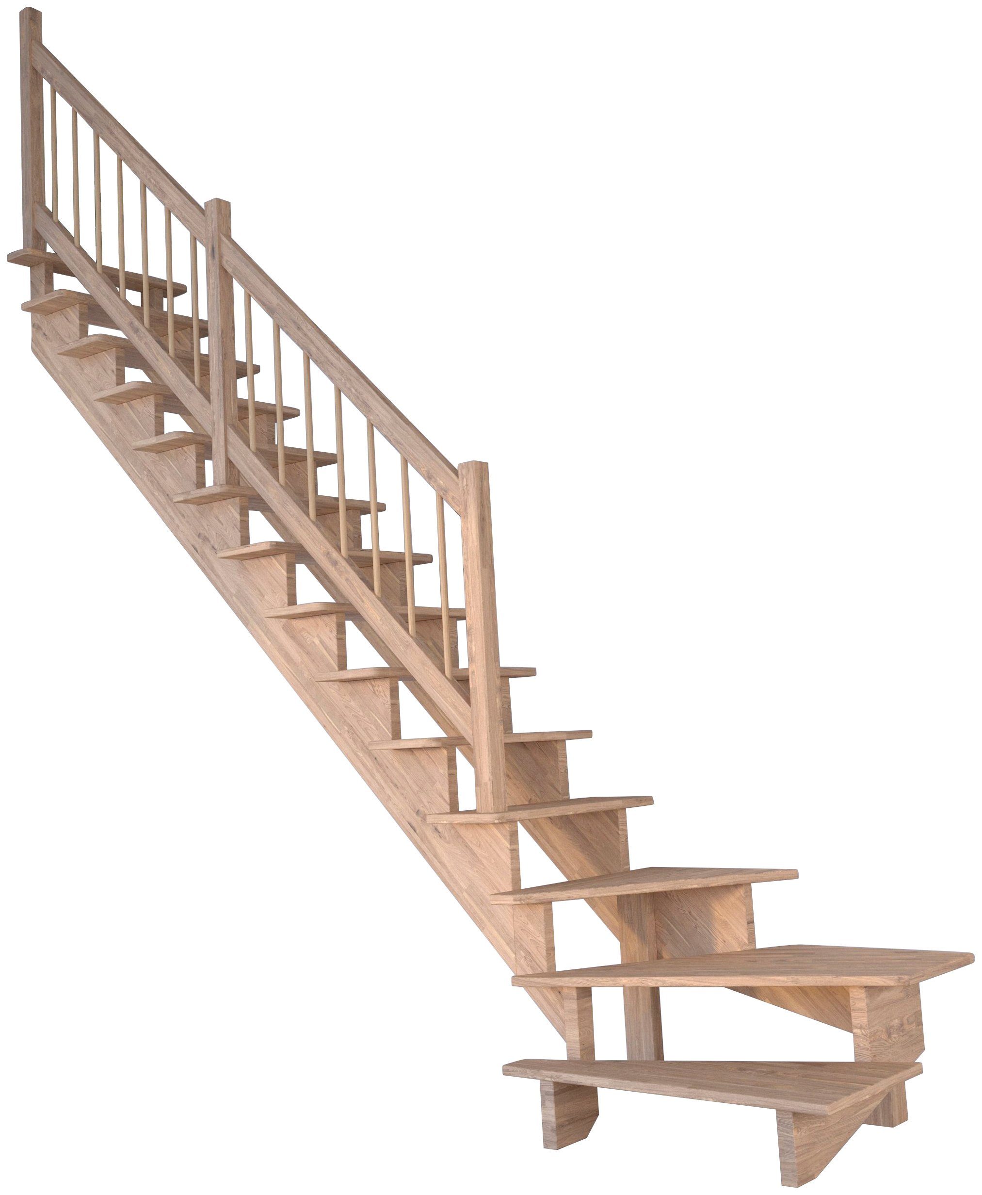 Starwood Systemtreppe Massivholz Lindos, Holz-Holz Design Geländer, für Geschosshöhen bis 300 cm, Stufen offen, gewendelt Links, Durchgehende Wangenteile