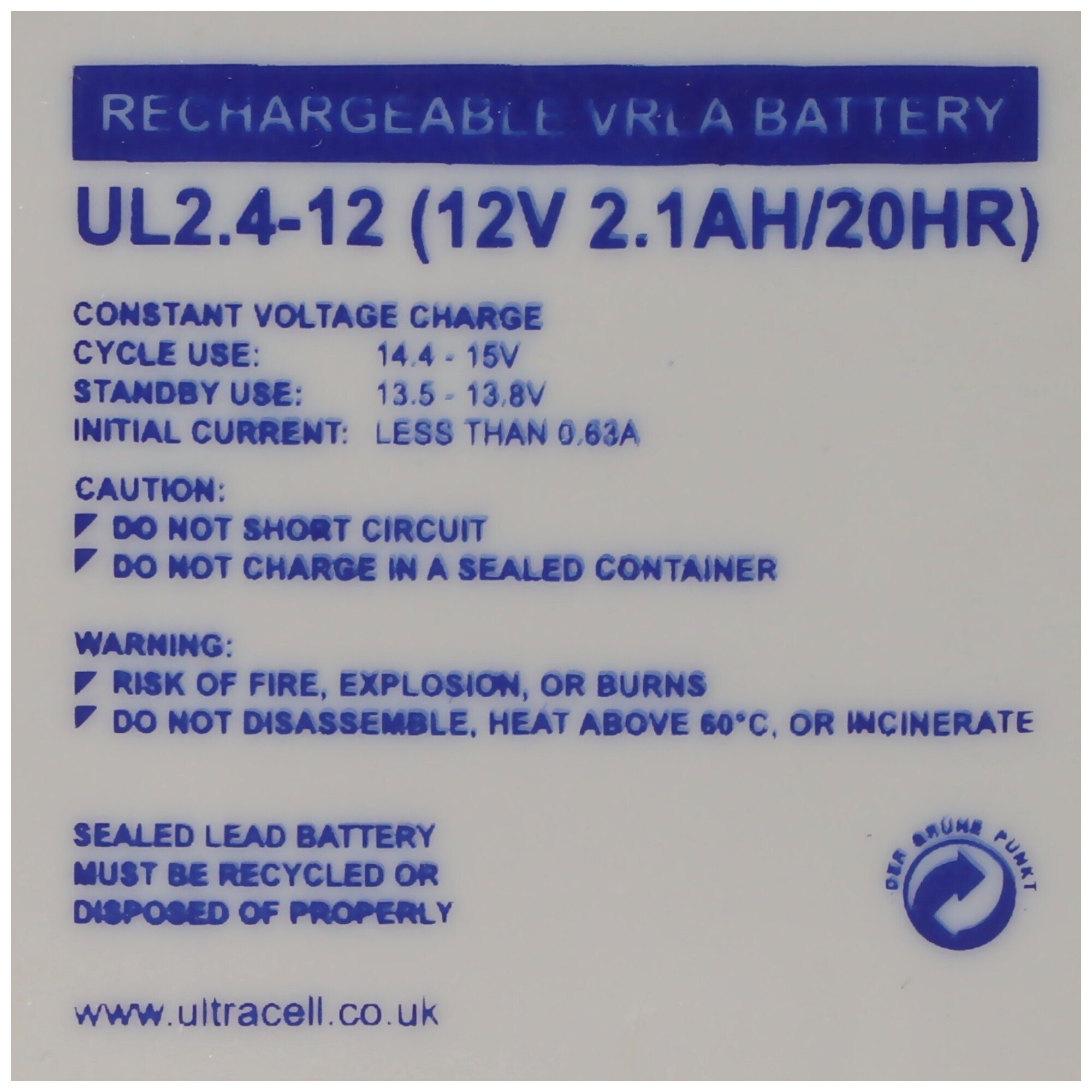 4,8mm Ultracell Ah, (12,0 2400 2,1 Blei-Akku Akku UL2.4-12 187, V) 12 Ultracell Faston mAh Volt