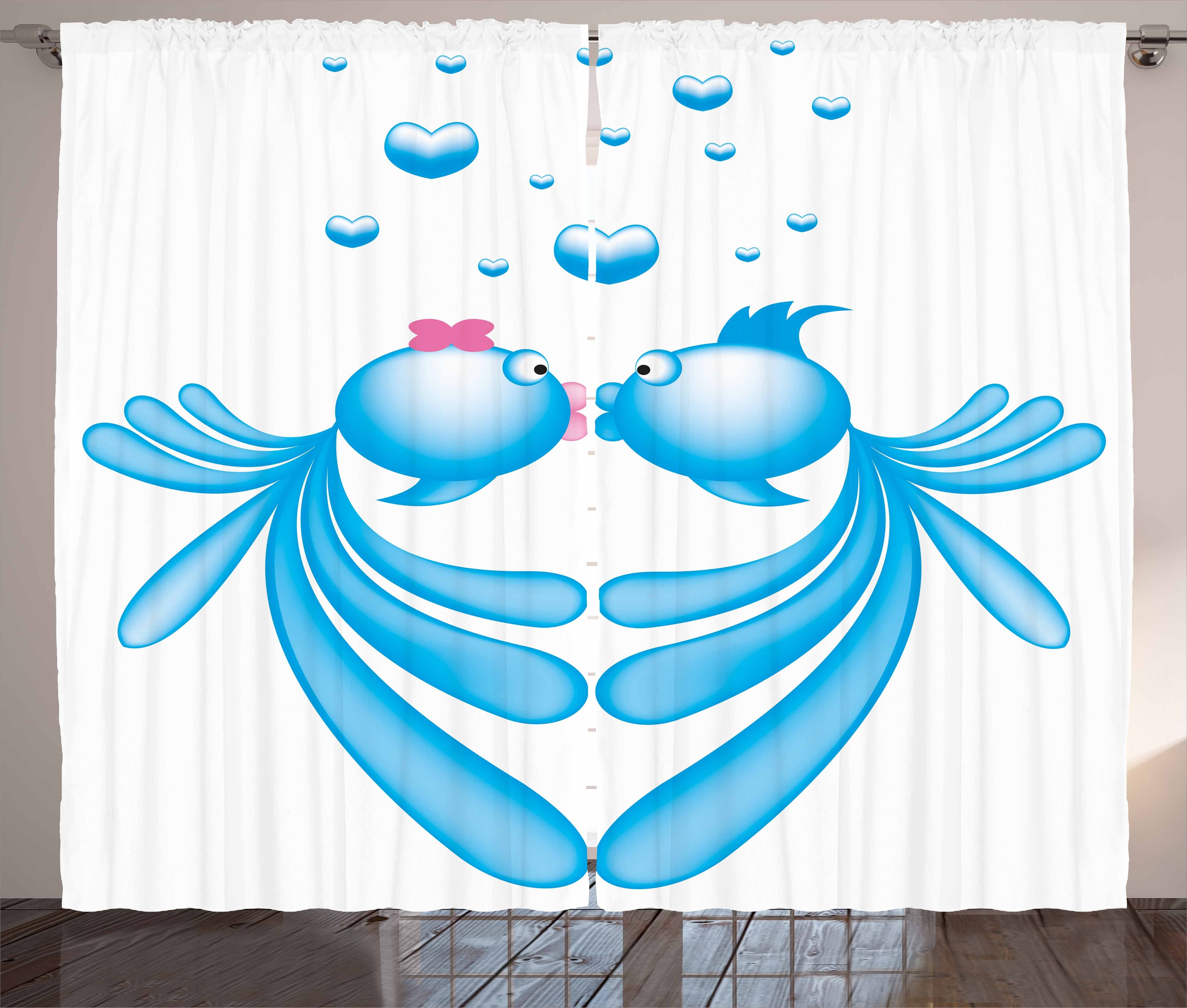 Gardine Schlafzimmer Kräuselband Vorhang mit Schlaufen und Haken, Abakuhaus, Kuss Blauer Cartoon-Fische Herz