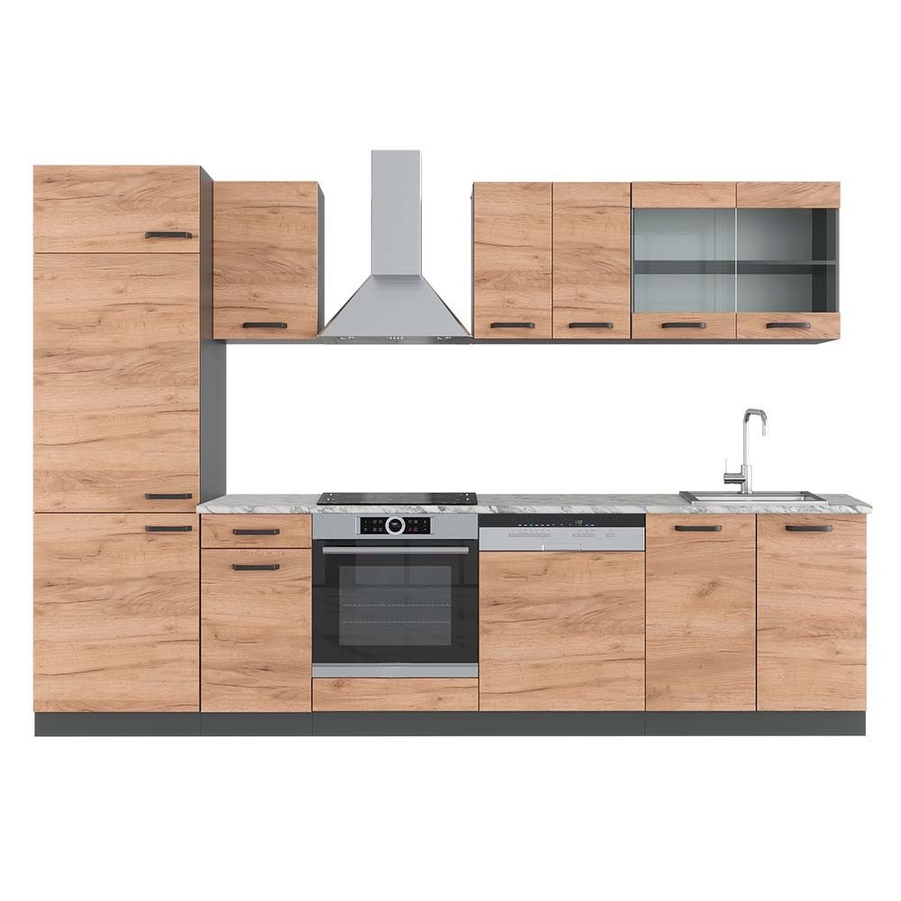 Vicco Küchenzeile R-Line, Goldkraft Eiche/Anthrazit, 300 cm, AP Marmor