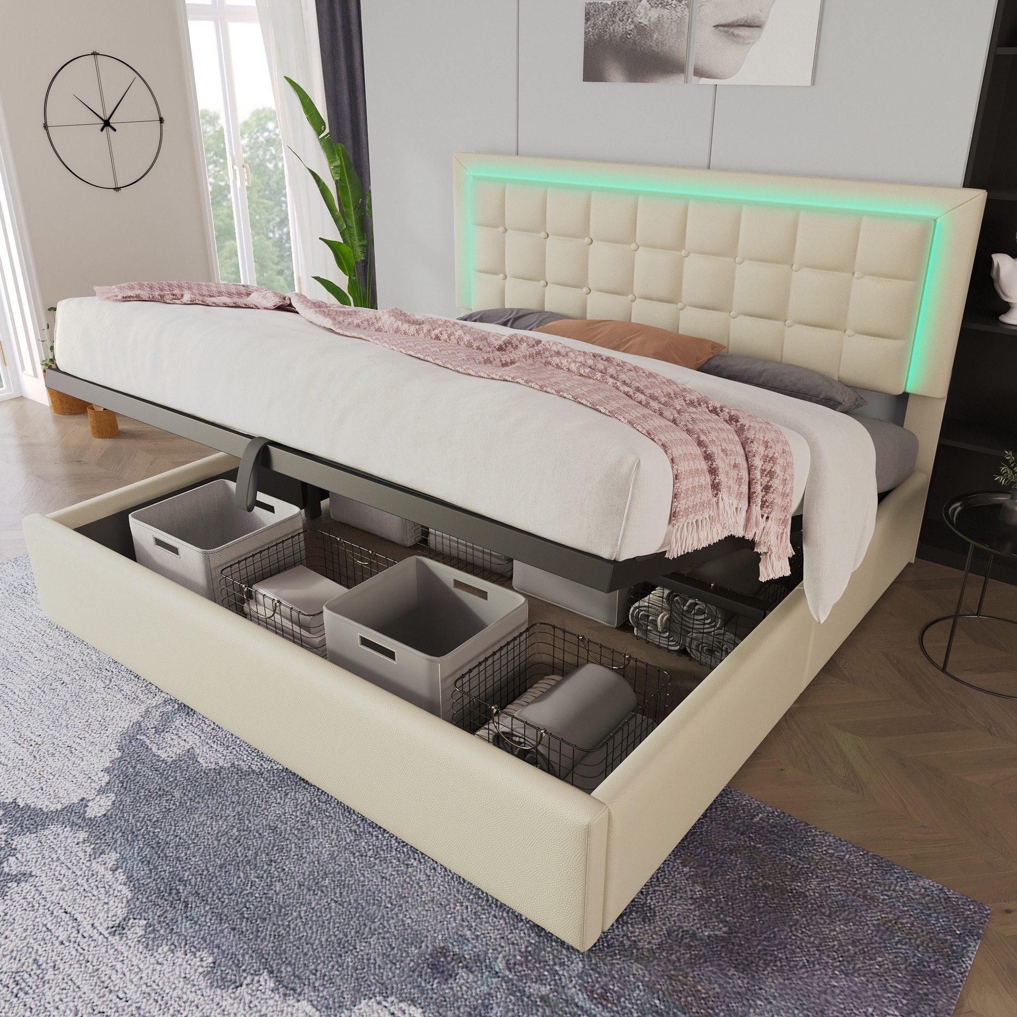 Flieks Stauraumbett (1-tlg), LED-Beleuchtung Kunstleder Doppelbett 180x200cm