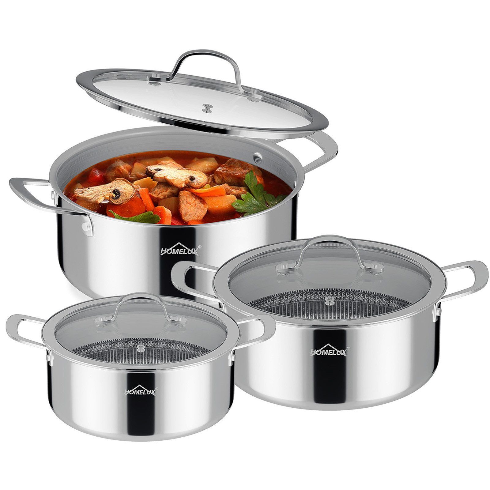 HOMELUX Suppentopf Edelstahl Kochtopf,Wabenstruktur Suppentopf Induktion,Backofengeeignet, Edelstahl (1x20cm 2,3L Kochtopf,1x24cm 4L Kochtopf,1x26cm 5,2L Kochtopf), Induktion