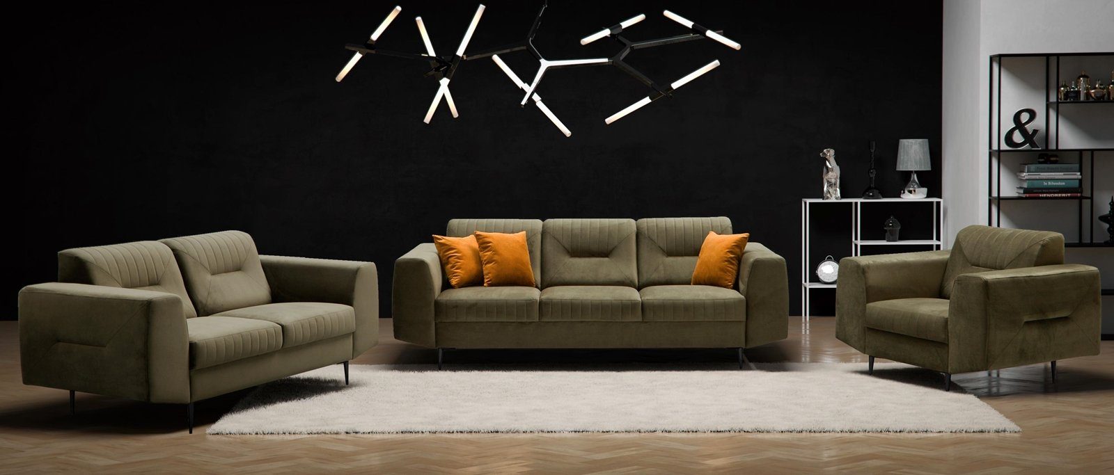 Beautysofa Polstergarnitur VENEZIA, (Sessel + 2-Sitzer Sofa + 3-Sitzer Sofa im modernes Design), mit Metallbeine, Couchgarnituren aus Velours Grün (bluvel 77)