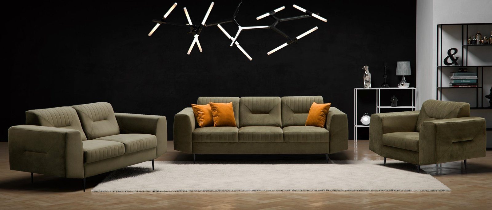 2-Sitzer Velours aus (Sessel Design), (bluvel im modernes Polstergarnitur VENEZIA, Couchgarnituren + 3-Sitzer Beautysofa Grün Sofa 77) + mit Metallbeine, Sofa