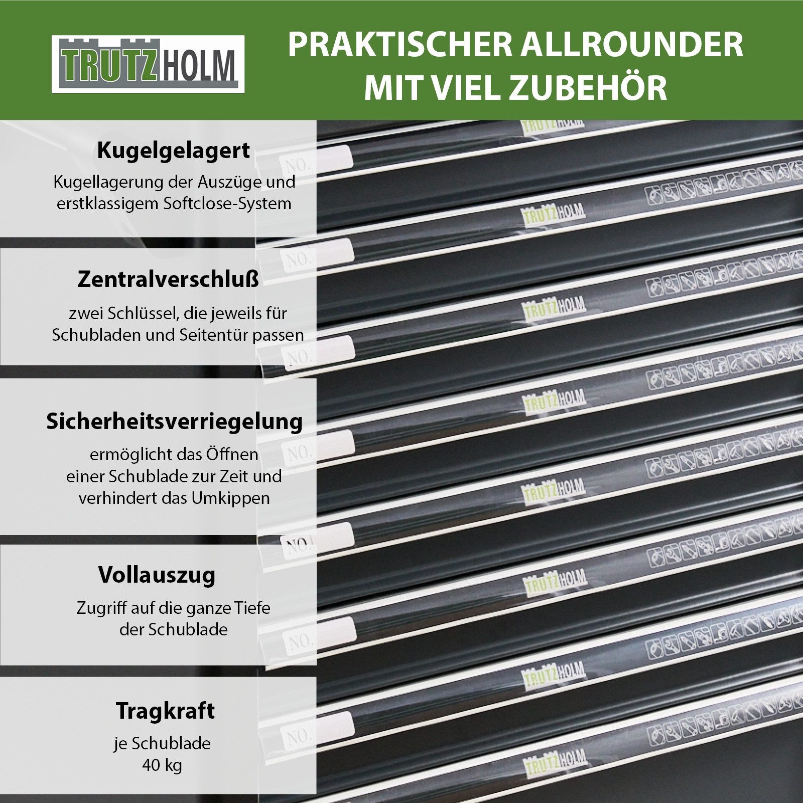 TRUTZHOLM Werkstattwagen Werkzeugwagen Premium XXL mit Werkzeug 840mm Breite.CRV Werkzeug, auf Rollen, 254-tlg. Werkzeugset, 7 Schubladen,gefüllt,abschließbar,Anthrazit