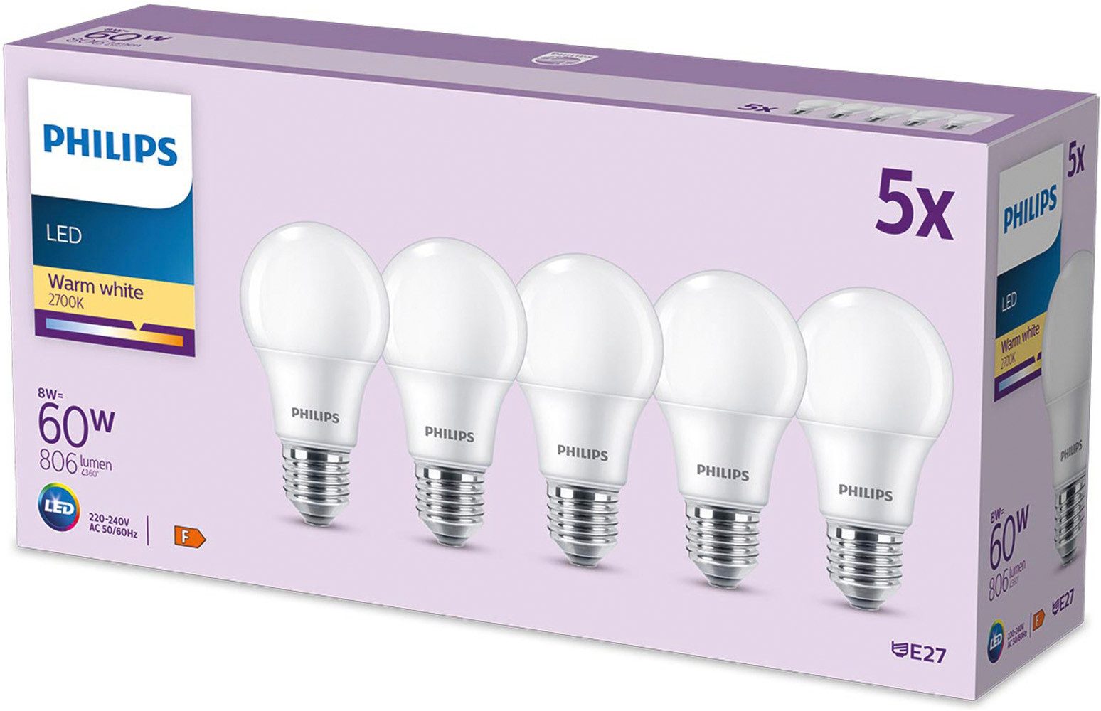 Philips LED-Leuchtmittel E27 Lampe, ersetzt 60W, 5er Pack, E27, 5 St., Warmweiß, warmweiß, matt, nicht dimmbar