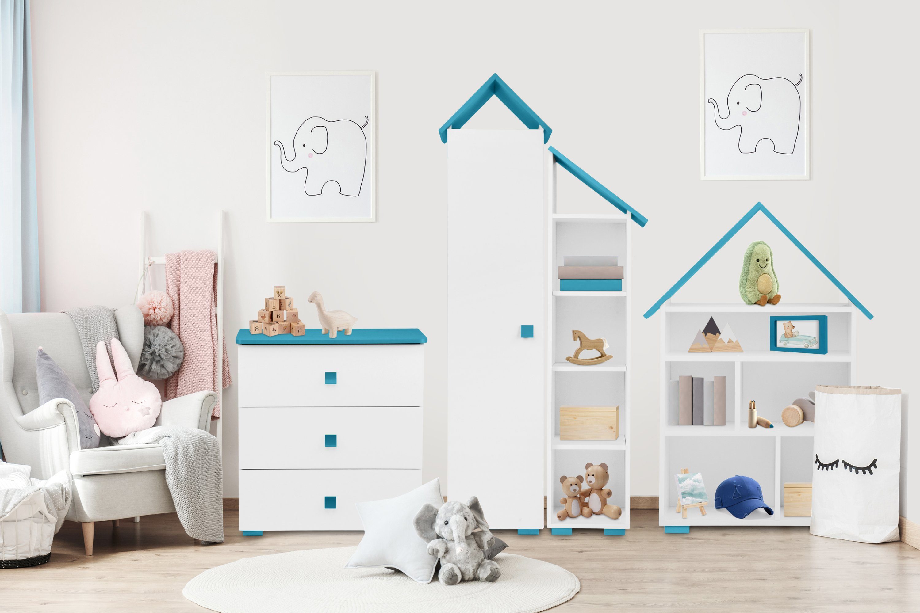 in weiß/blau 165cm Kinderregal Kinderregal Pastellfarben Hochregal, PABIS, ABS-Kanten, Konsimo