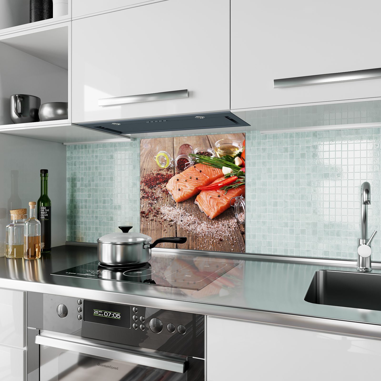 Primedeco Lachsfilet auf Küchenrückwand Spritzschutz Küchenrückwand Motiv Tisch Glas mit