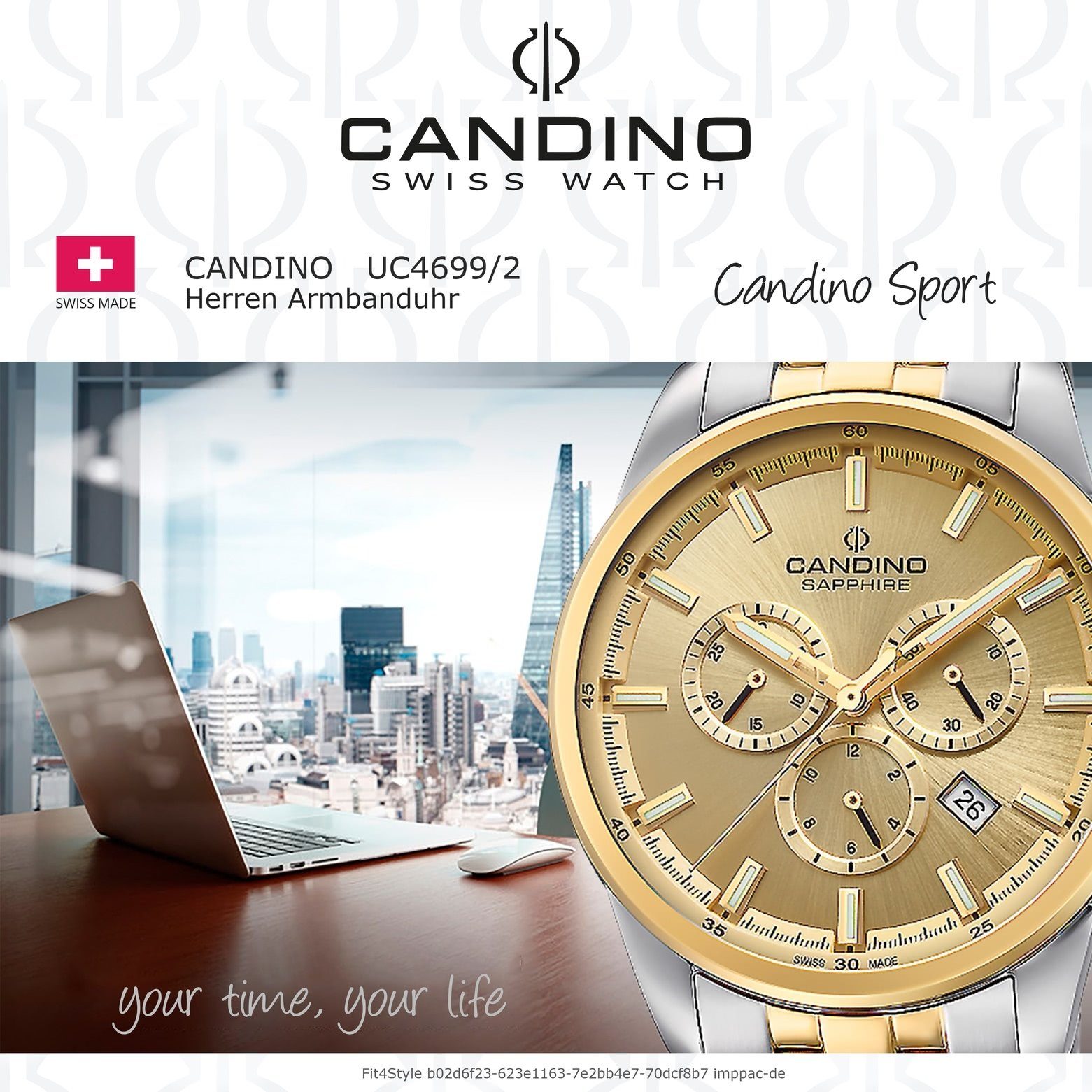 Armbanduhr Candino Herrenuhr Herren Sport rund, gold Candino C4699/2, Quarzuhr silber, Edelstahlarmband