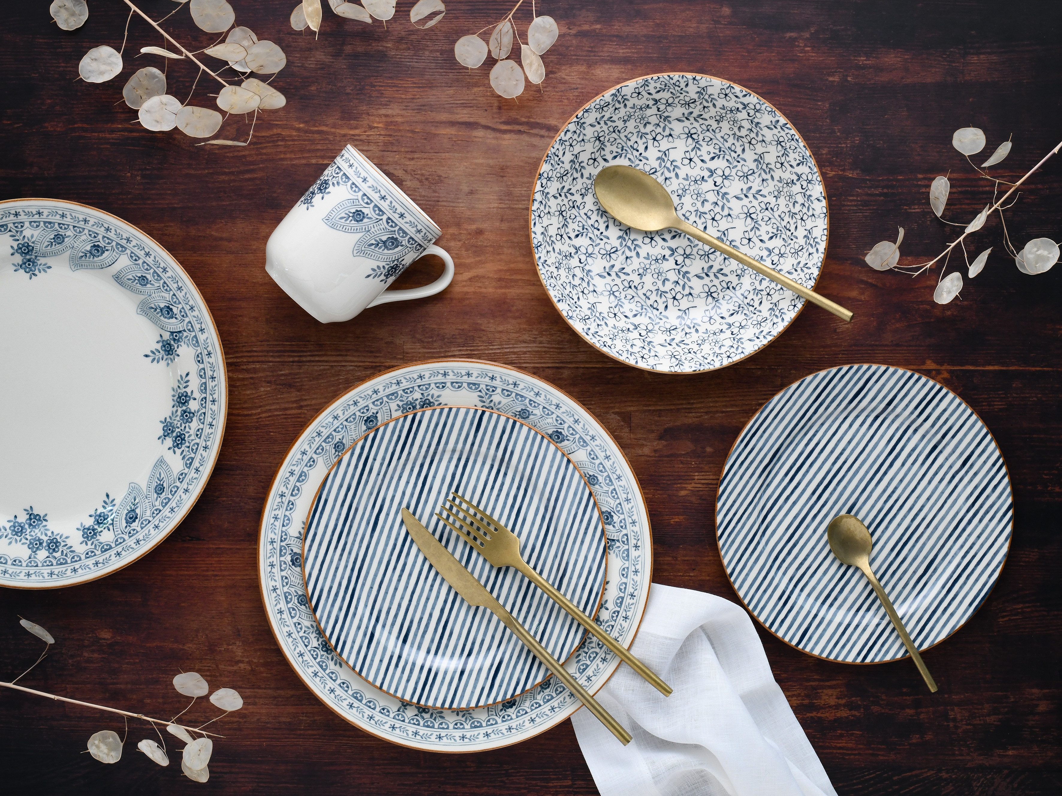 CreaTable Kombiservice Euböa, Kombi-Service 16-tlg (16-tlg), 4 Personen, Steingut, Blaue Motive