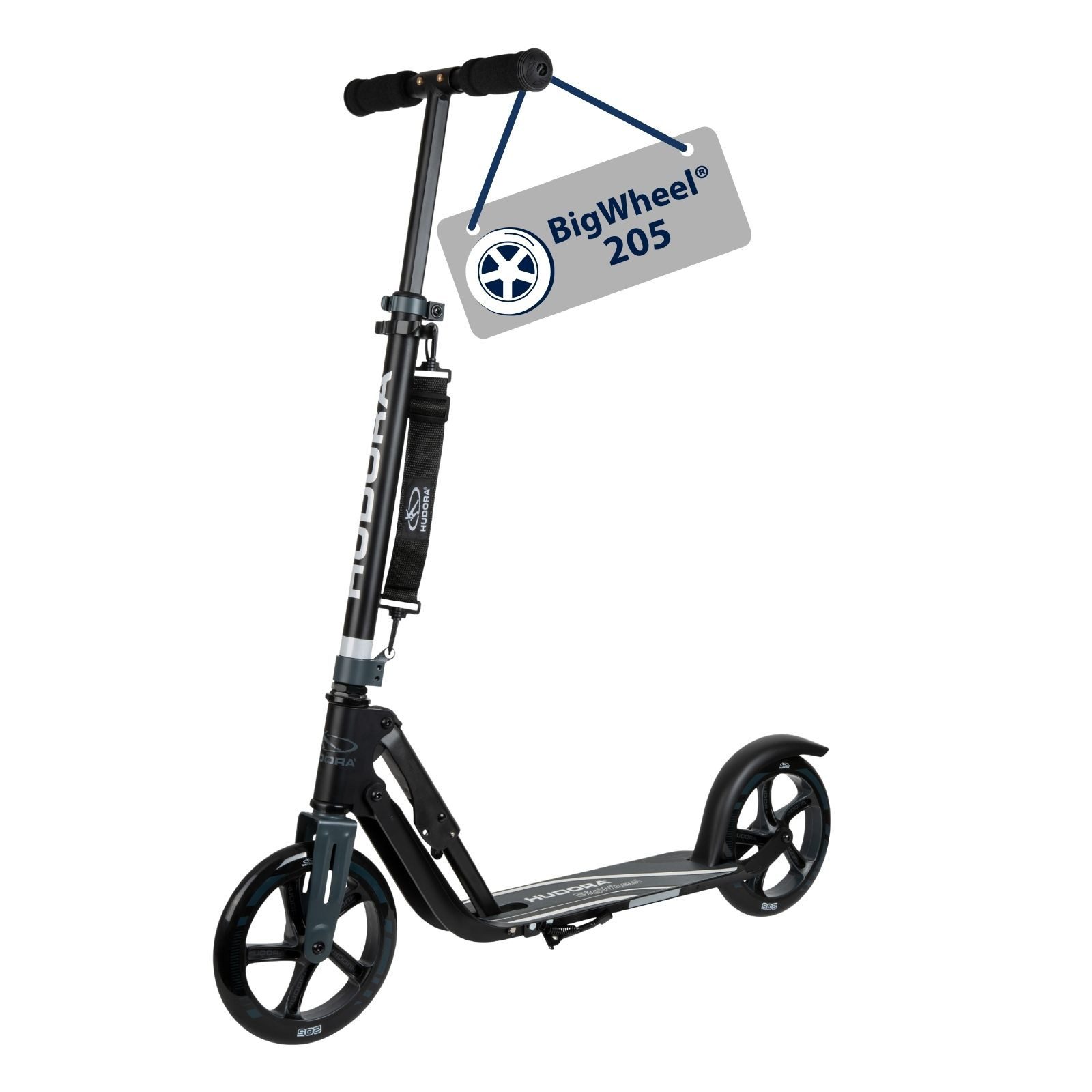 Hudora Cityroller BigWheel® 205 Tretroller - Höhenverstellbar & zusammenklappbar, (Kinder- & Erwachsenenroller für bis zu 100kg - Tretroller mit Ständer, Stabiler Aluminium-Roller), einklappbarer, höhenverstellbarer Kick-Scooter