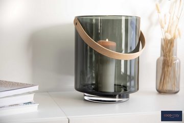 coco+cozy Bodenwindlicht Hamptons, Glas (Rauchglas), mundgeblasen, Designobjekt, Henkel aus Holz