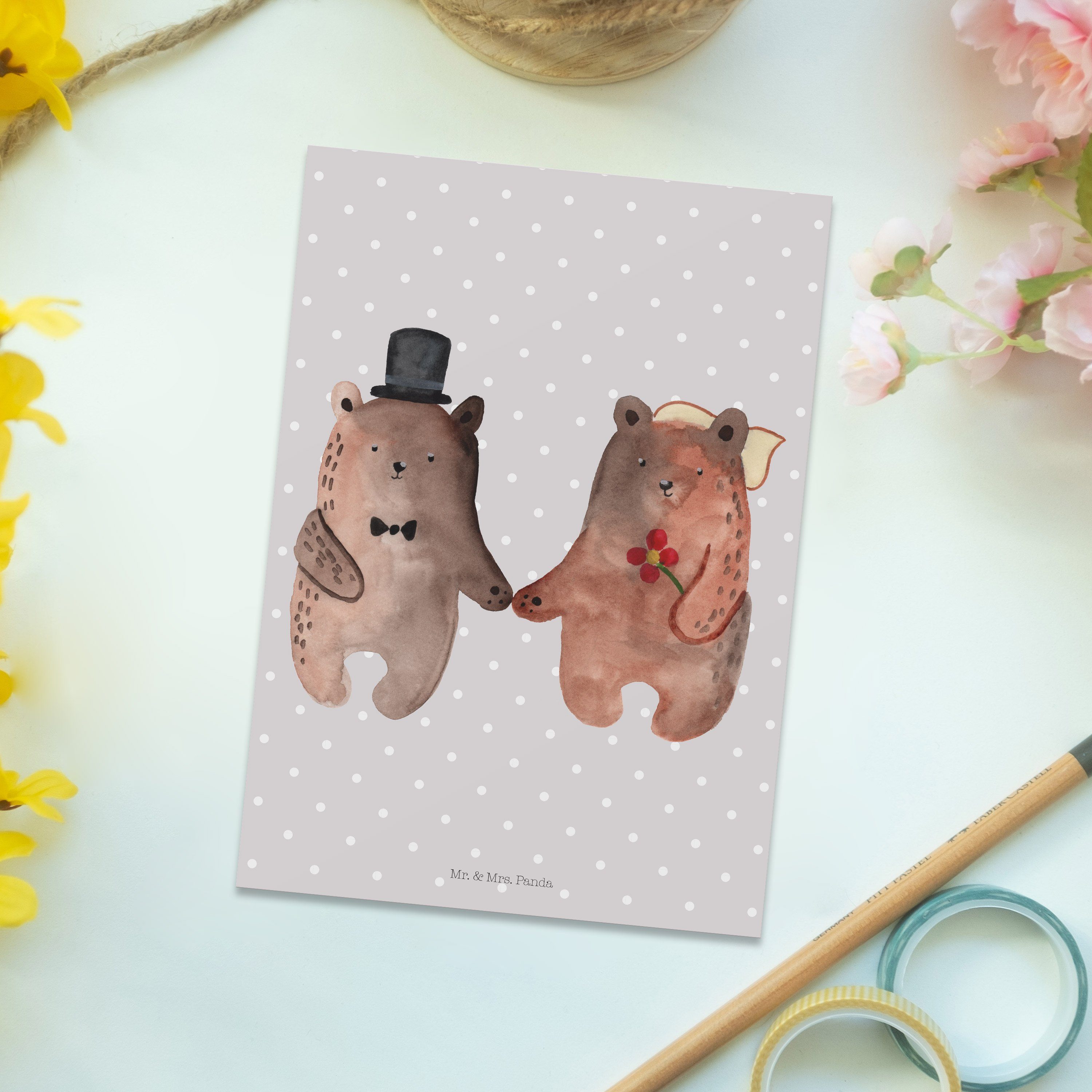 Grau Bär Heirat Postkarte Mr. Mrs. - Panda Geburtstagskarte, Teddyb - Teddy, Geschenk, Pastell &