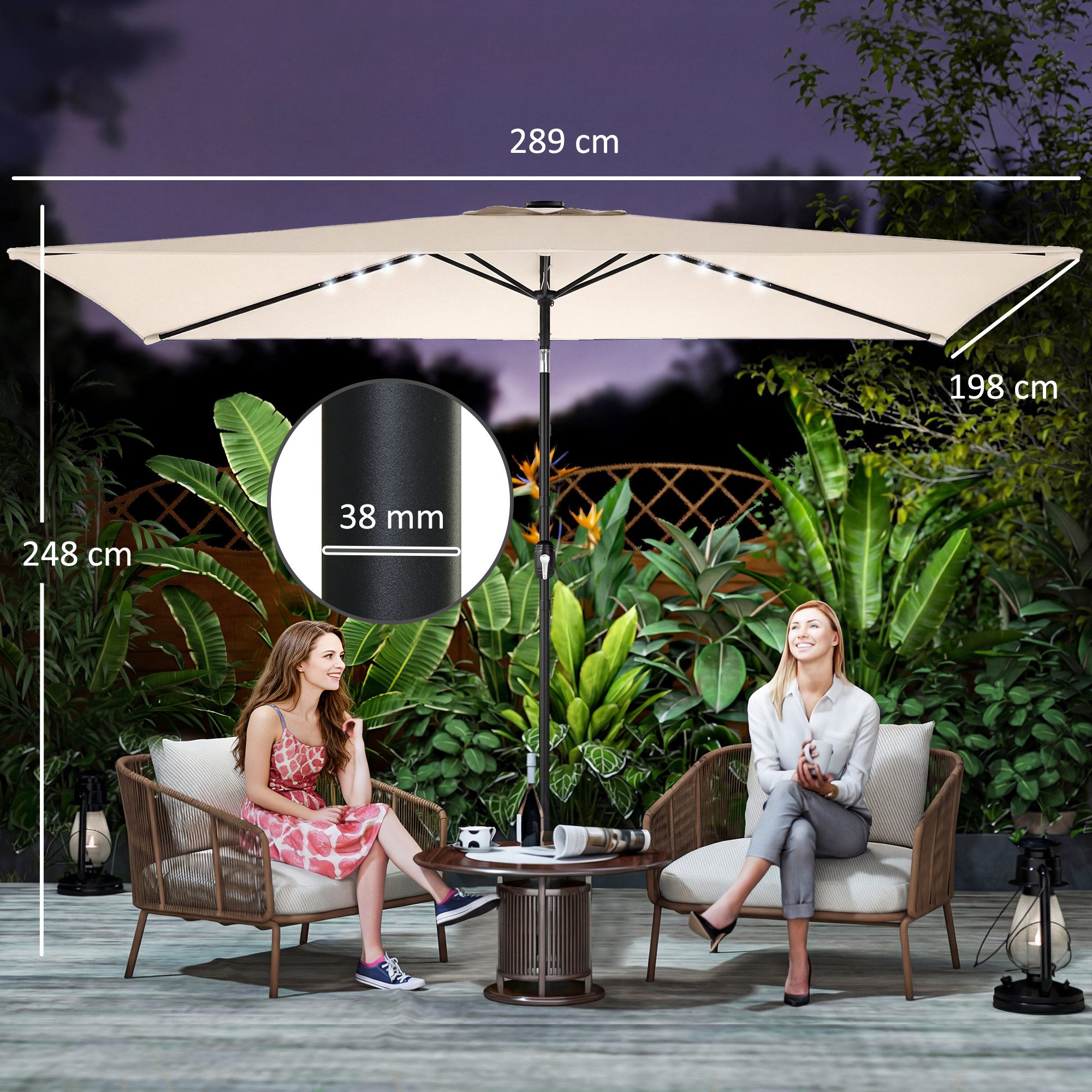 Outsunny Sonnenschirm mit LED, Kurbel, Schutzhülle, LxB: 289x198 cm, neigbar Balkonschirm, Drehbar Gartenschirm, für Garten Balkon Terrasse Cremeweiß