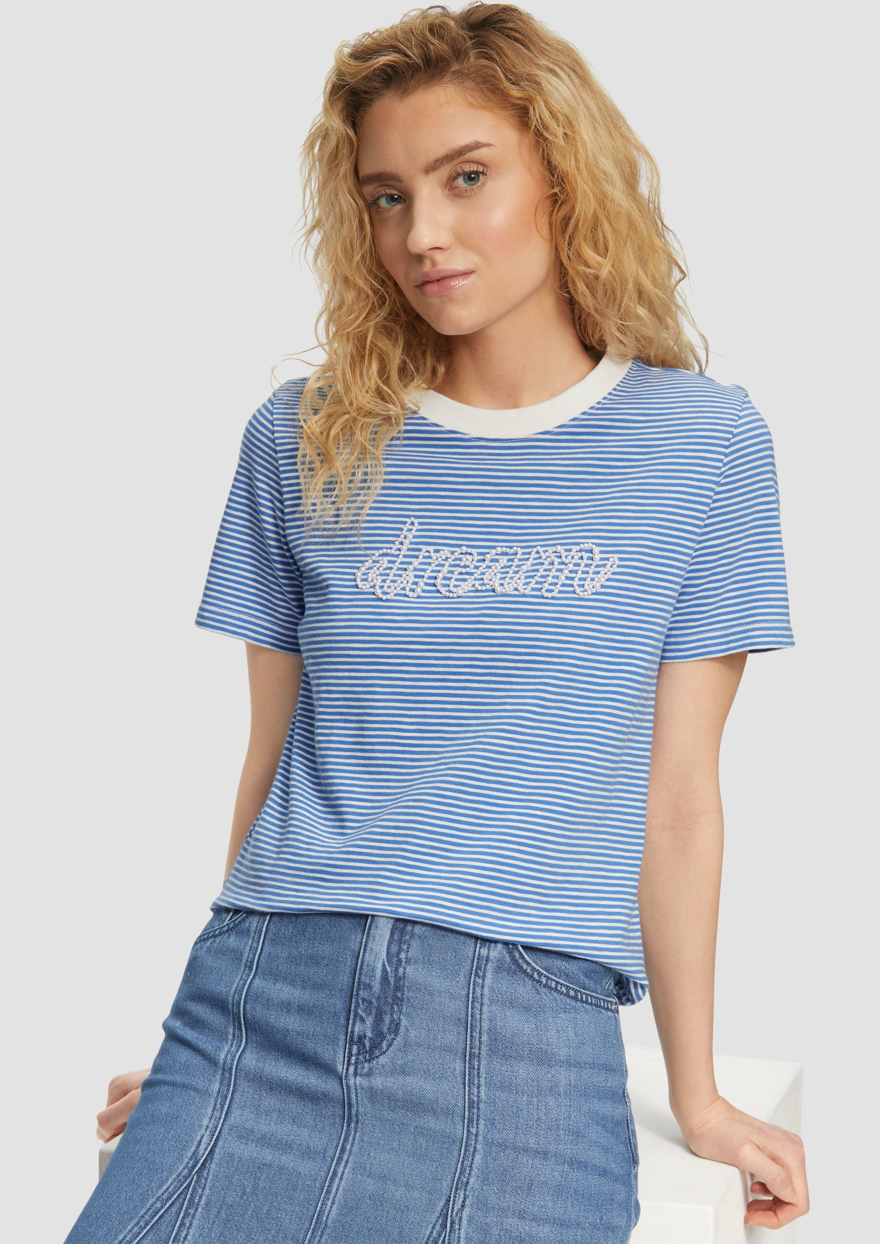 s.Oliver Kurzarmshirt Streifenshirt mit Schmuckperlen Artwork günstig online kaufen